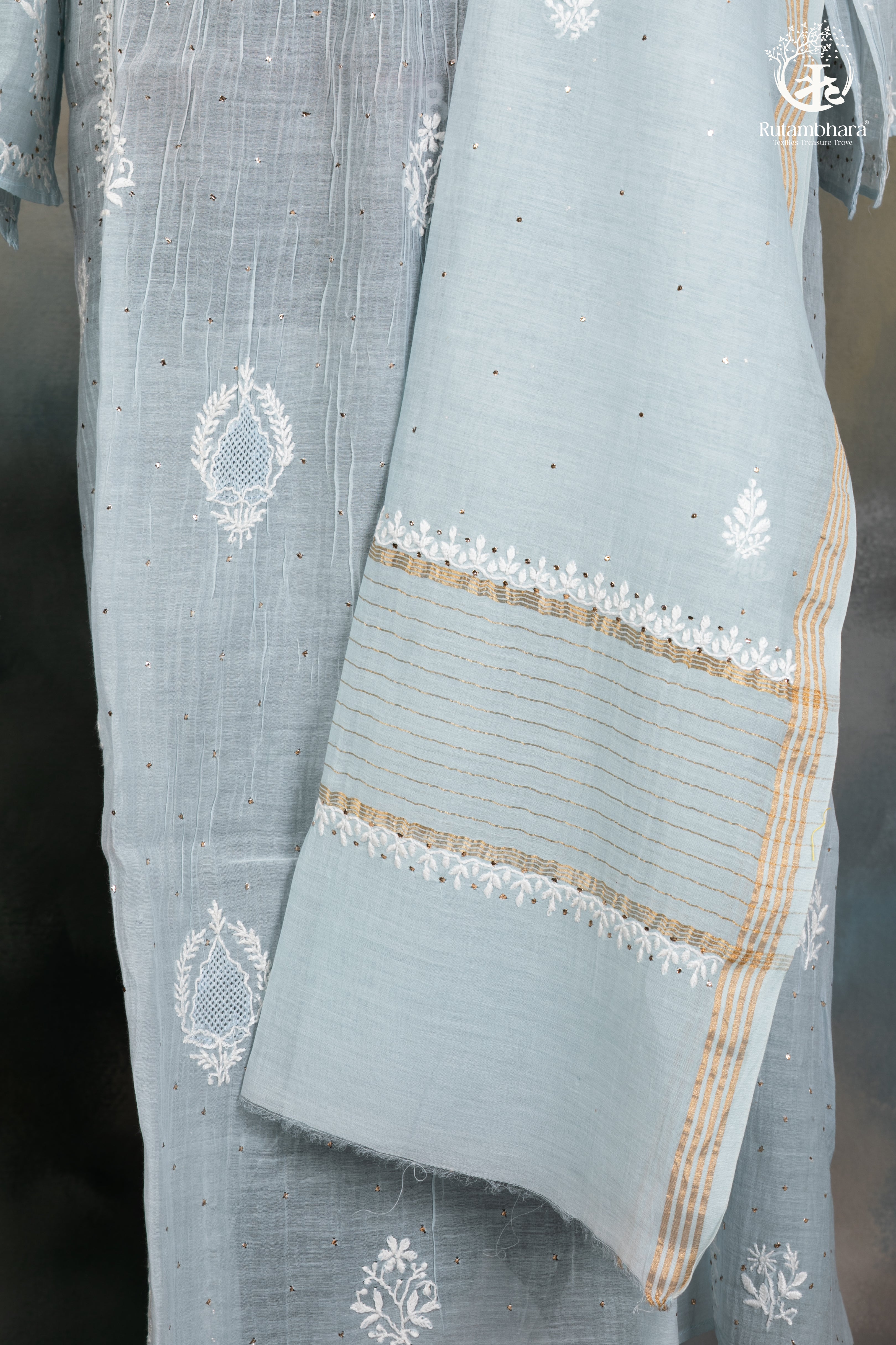 Pastel Blue Mul Chanderi Lucknowi Suit with Hand Embroidered