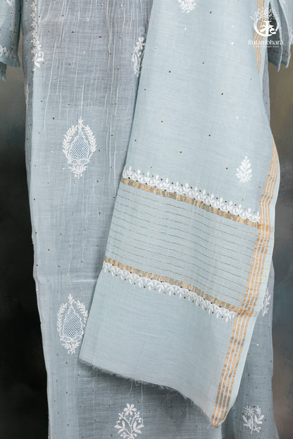 Pastel Blue Mul Chanderi Lucknowi Suit with Hand Embroidered-RUTAMBHARA -RUTAMBHARA
