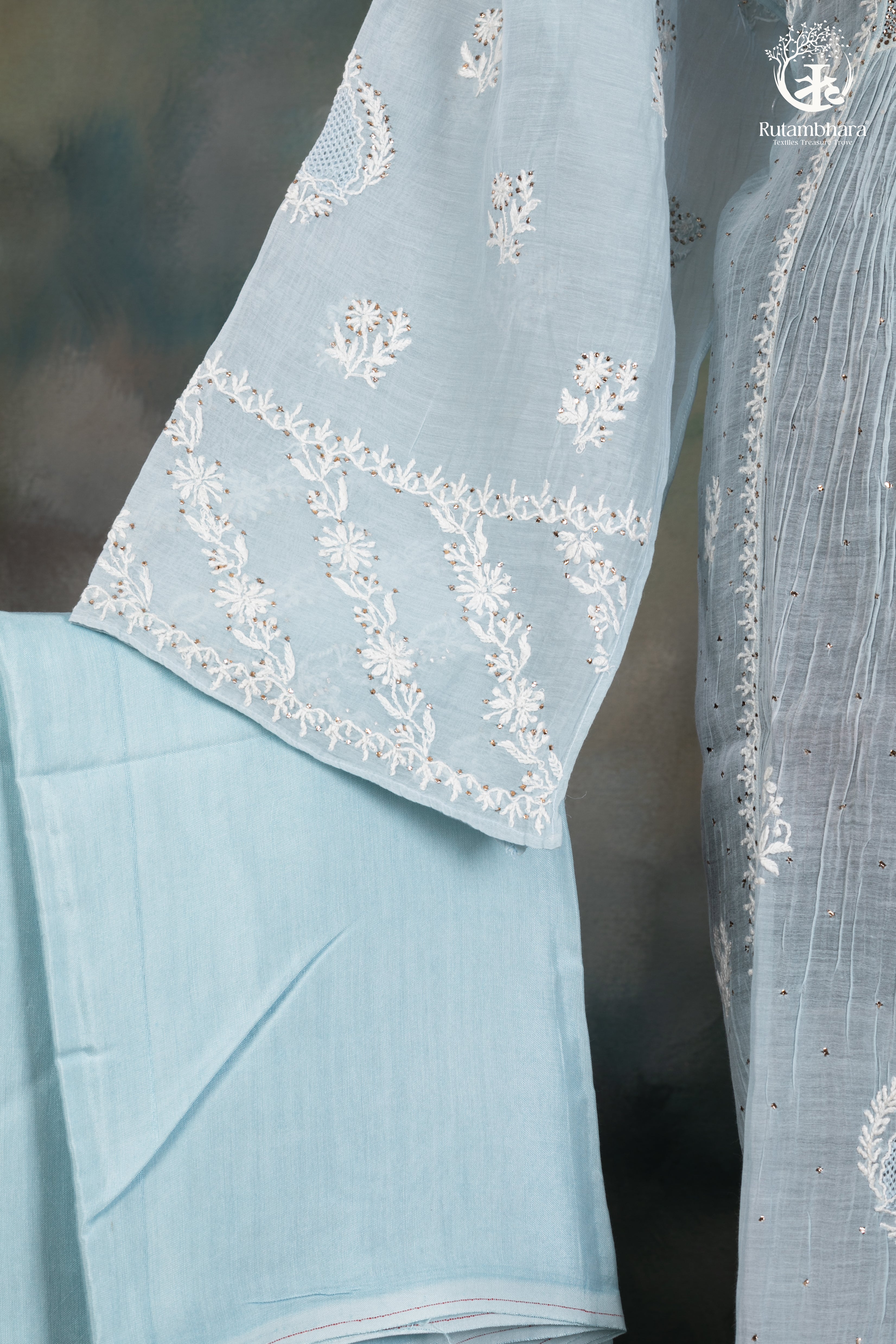 Pastel Blue Mul Chanderi Lucknowi Suit with Hand Embroidered