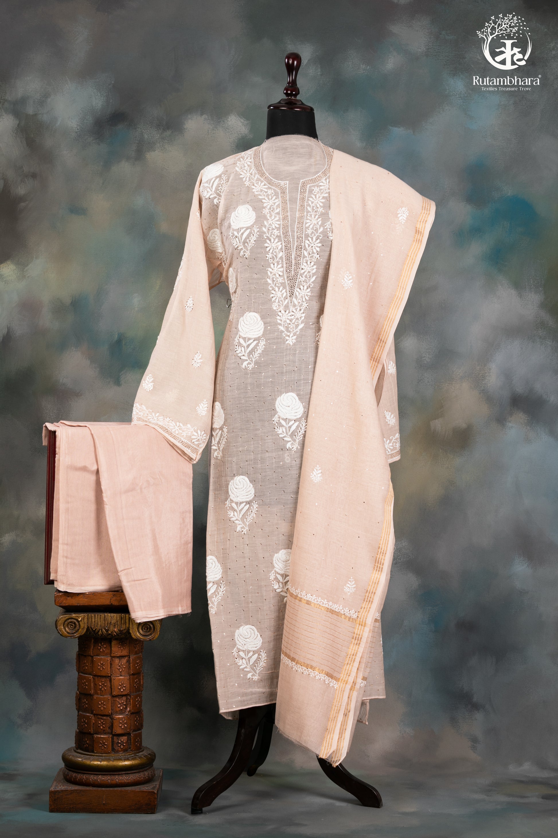 Beige Mul Chanderi Lucknowi Hand Embroidered Suit Set-RUTAMBHARA-RUTAMBHARA