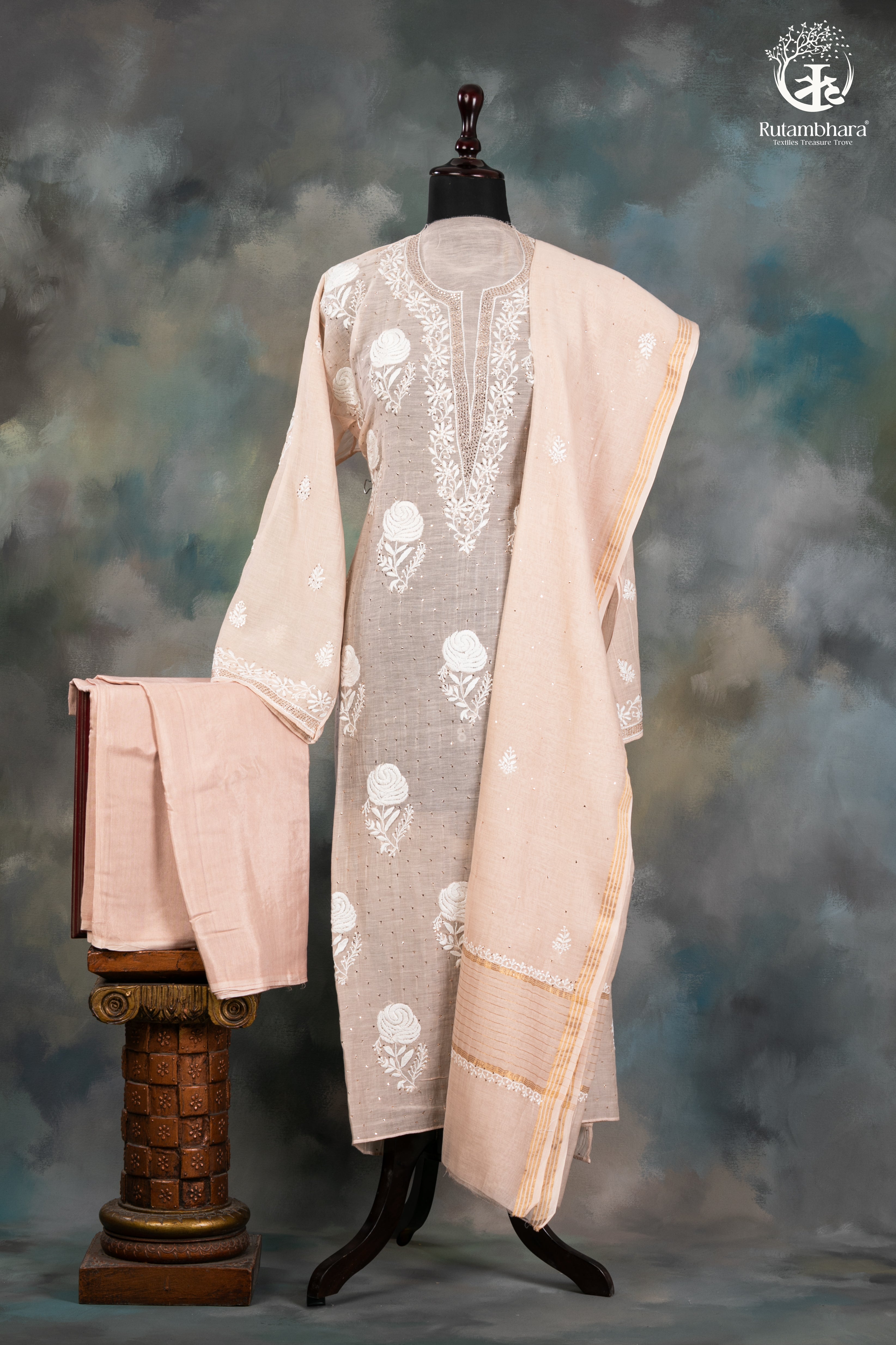 Beige Mul Chanderi Lucknowi Hand Embroidered Suit Set