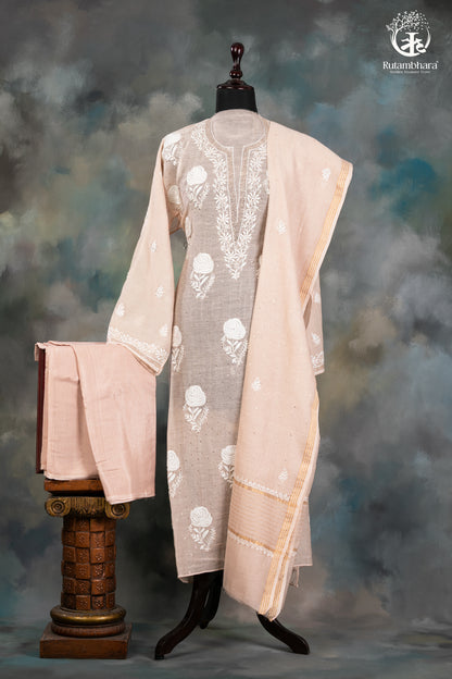 Beige Mul Chanderi Lucknowi Hand Embroidered Suit Set-RUTAMBHARA-RUTAMBHARA
