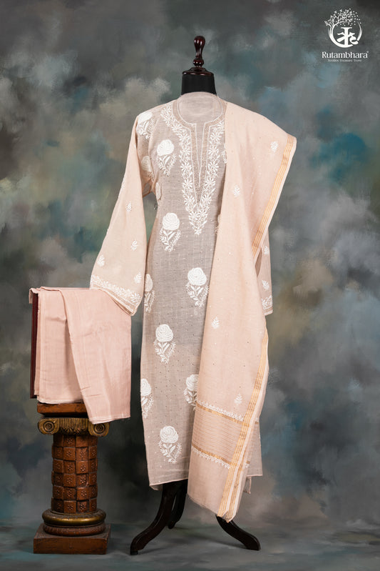 Beige Mul Chanderi Lucknowi Hand Embroidered Suit Set