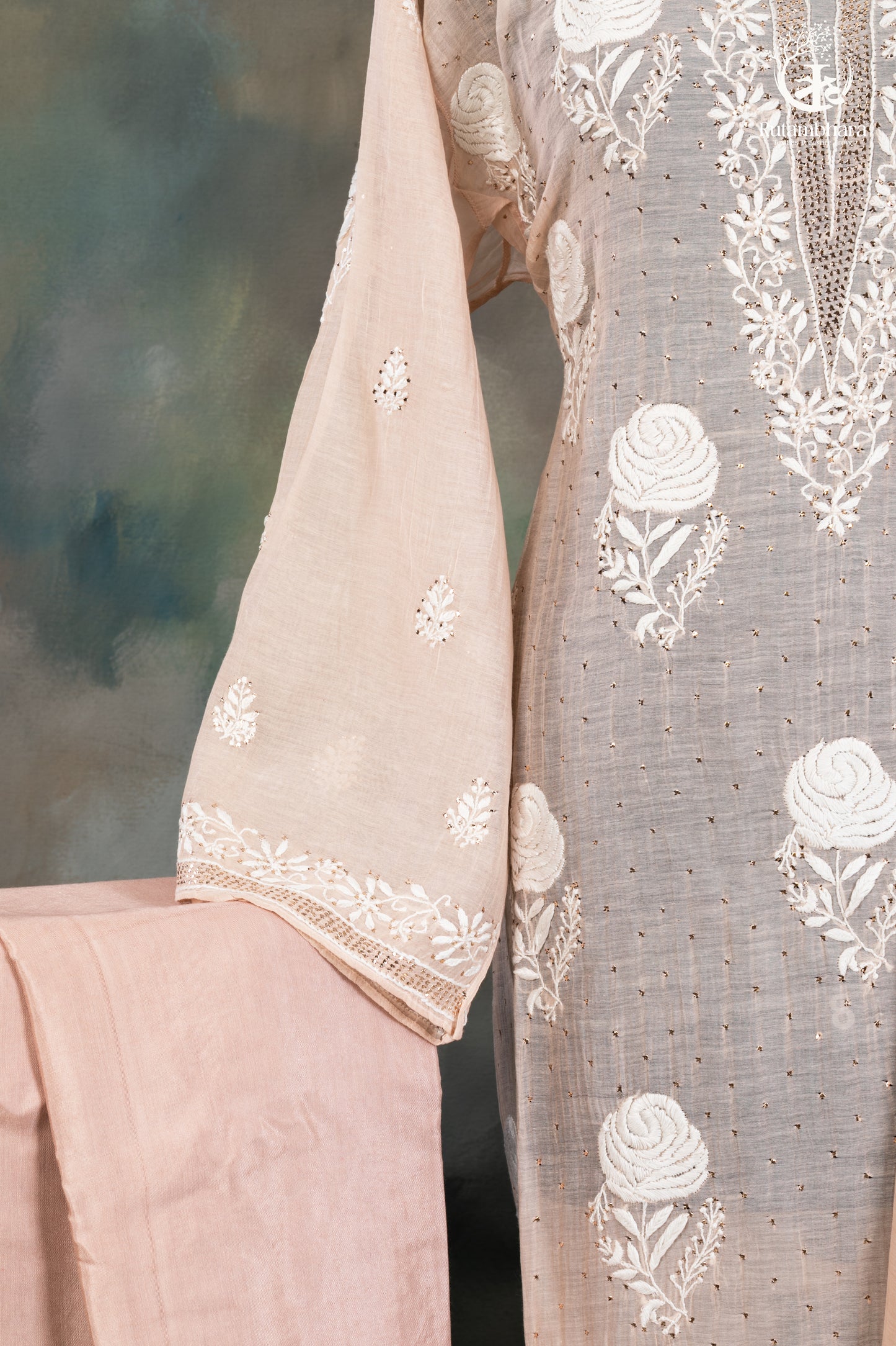 Beige Mul Chanderi Lucknowi Hand Embroidered Suit Set