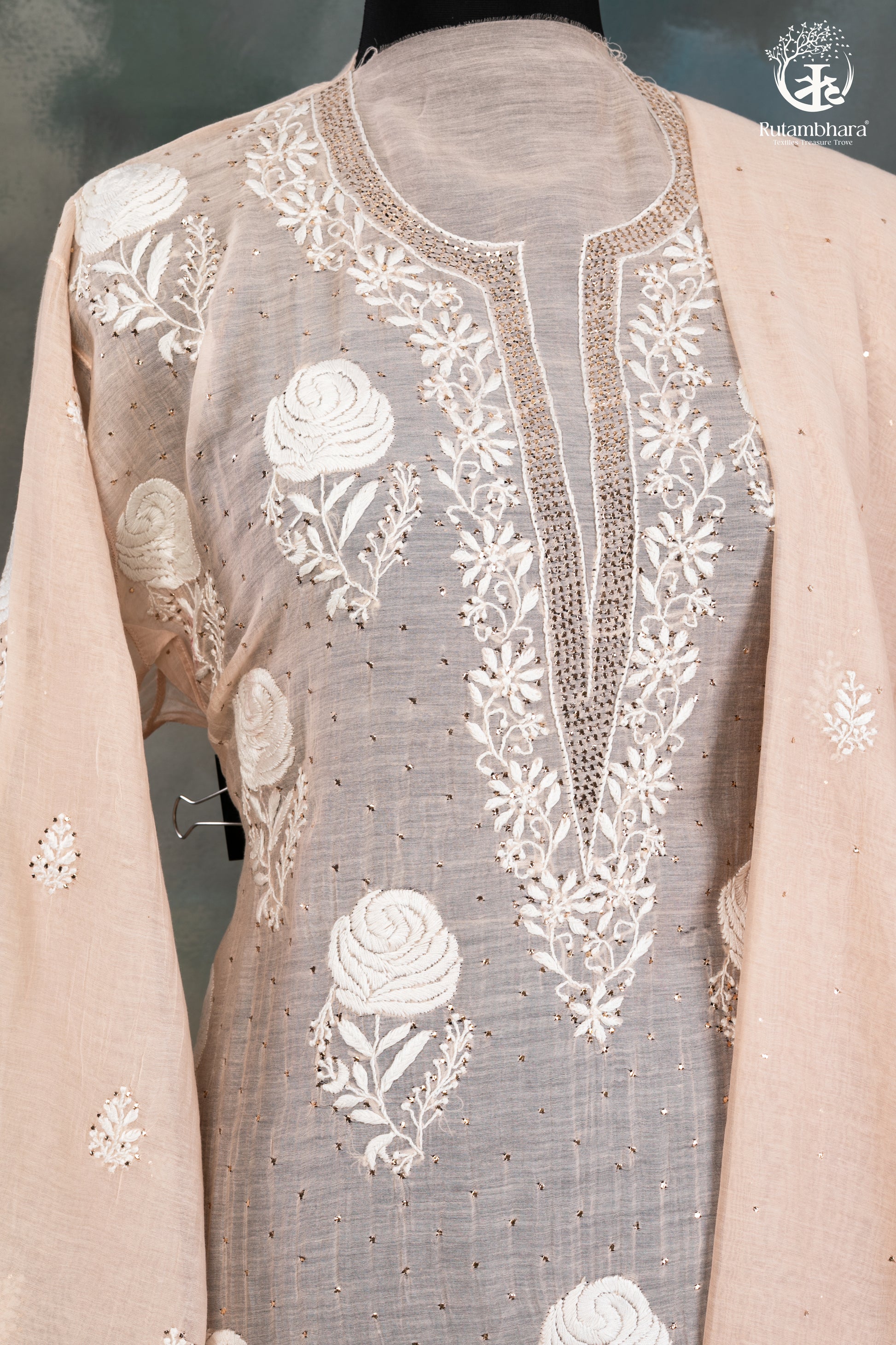 Beige Mul Chanderi Lucknowi Hand Embroidered Suit Set-RUTAMBHARA-RUTAMBHARA
