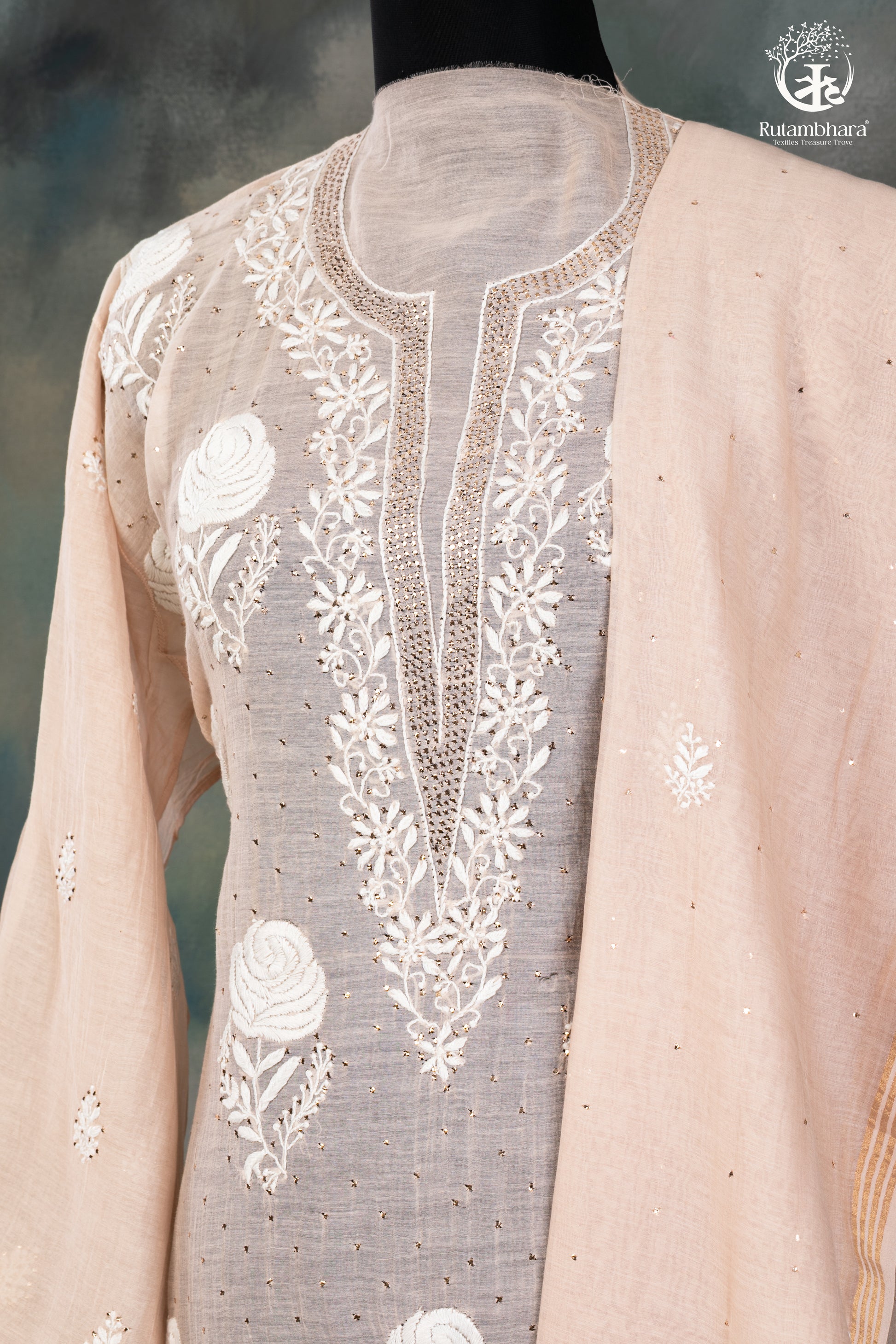 Beige Mul Chanderi Lucknowi Hand Embroidered Suit Set-RUTAMBHARA-RUTAMBHARA