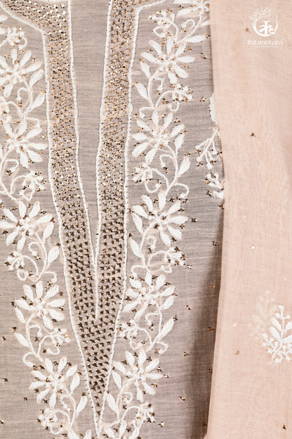 Beige Mul Chanderi Lucknowi Hand Embroidered Suit Set-RUTAMBHARA-RUTAMBHARA