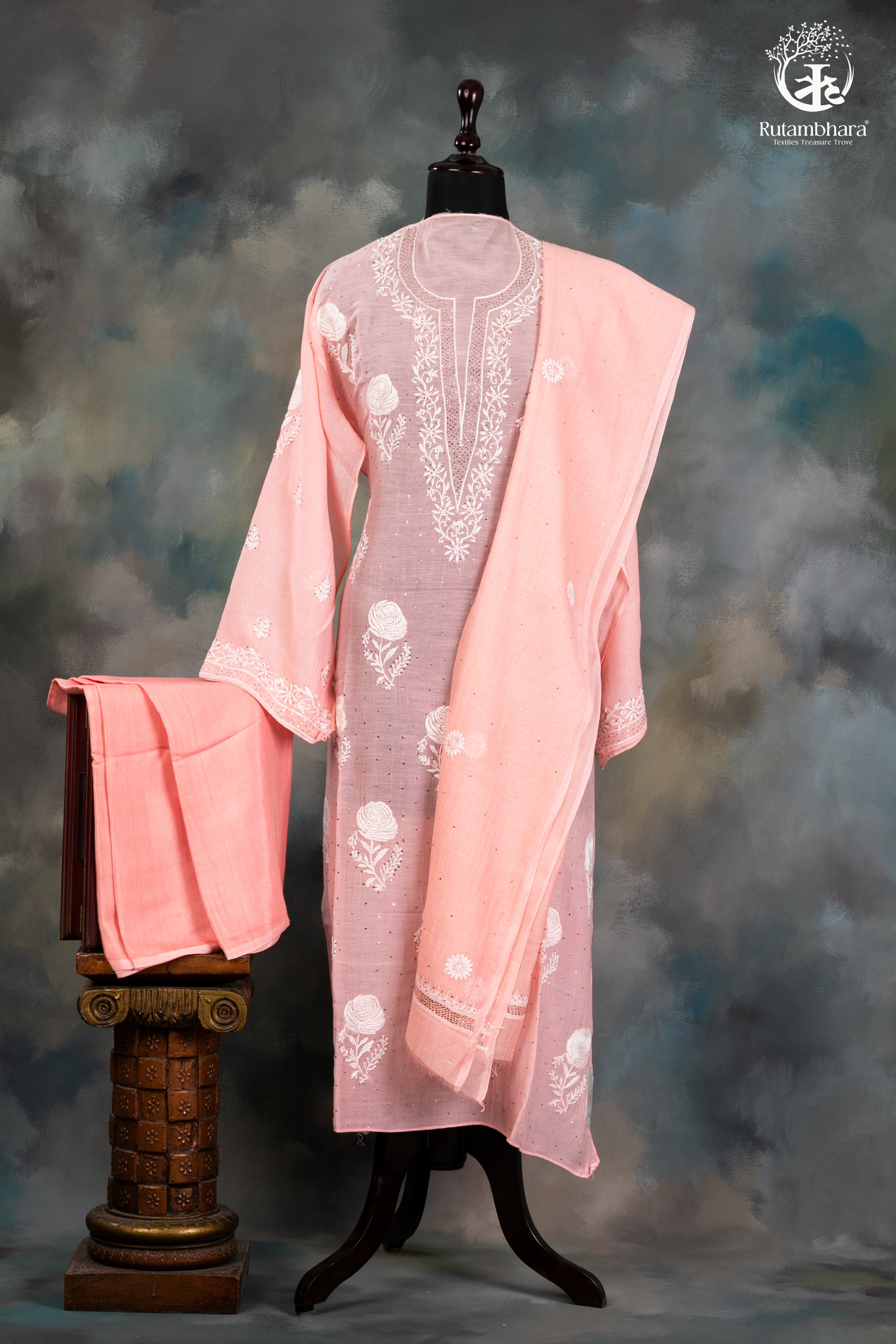 Blush Pink Mul Chanderi Lucknowi Suit Set-RUTAMBHARA -RUTAMBHARA