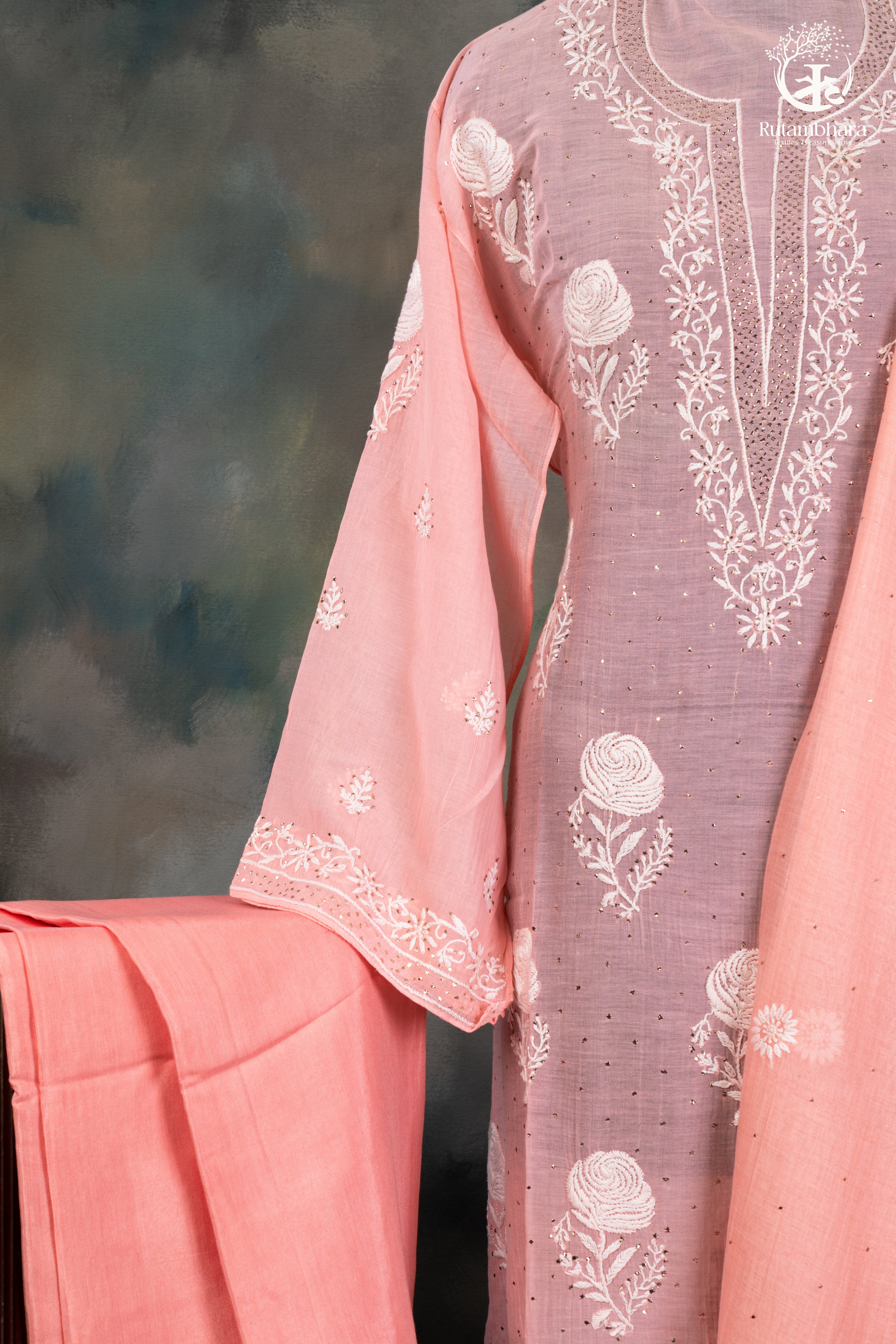 Blush Pink Mul Chanderi Lucknowi Suit Set