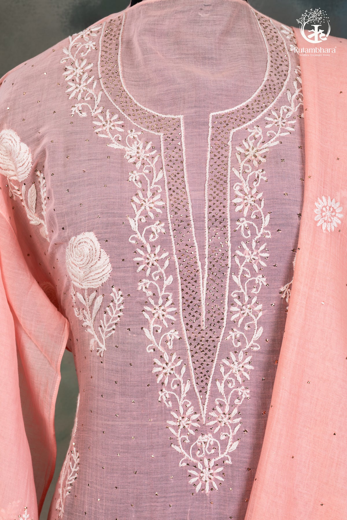 Blush Pink Mul Chanderi Lucknowi Suit Set