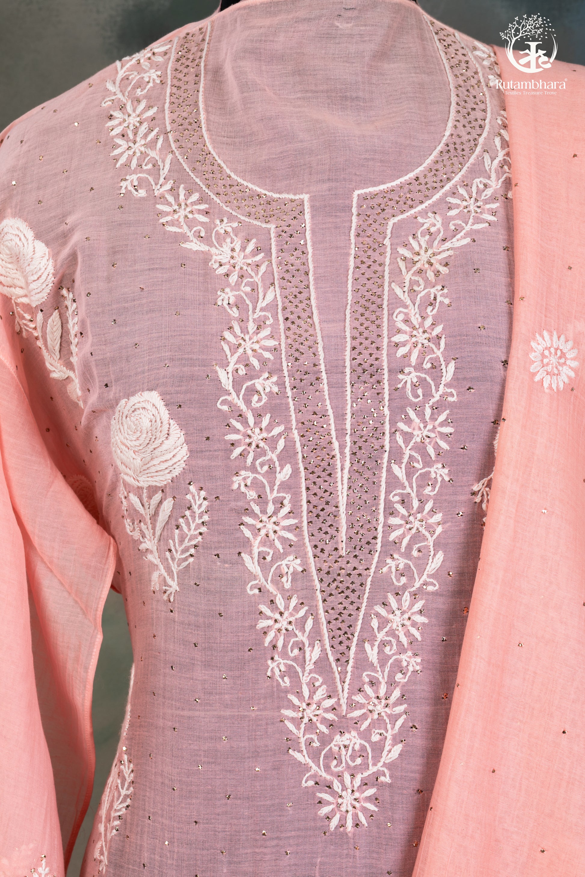 Blush Pink Mul Chanderi Lucknowi Suit Set-RUTAMBHARA -RUTAMBHARA