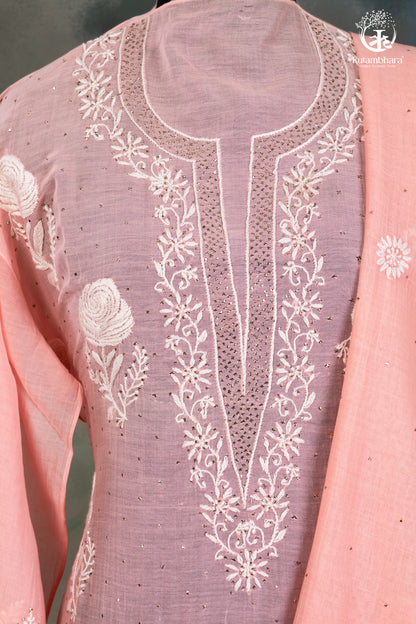Blush Pink Mul Chanderi Lucknowi Suit Set-RUTAMBHARA -RUTAMBHARA