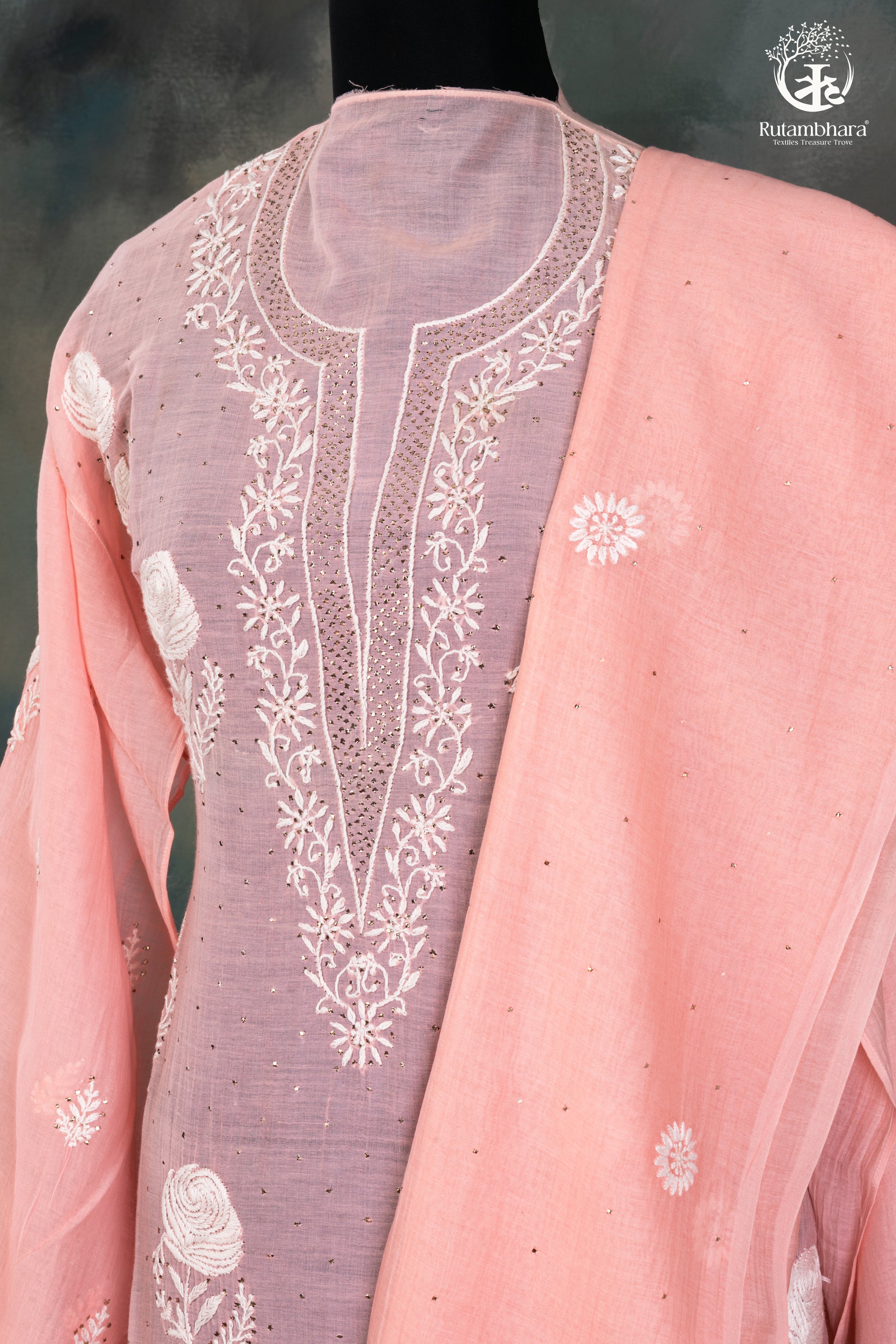 Blush Pink Mul Chanderi Lucknowi Suit Set-RUTAMBHARA -RUTAMBHARA