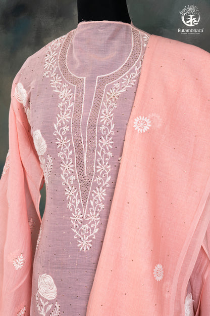 Blush Pink Mul Chanderi Lucknowi Suit Set-RUTAMBHARA -RUTAMBHARA