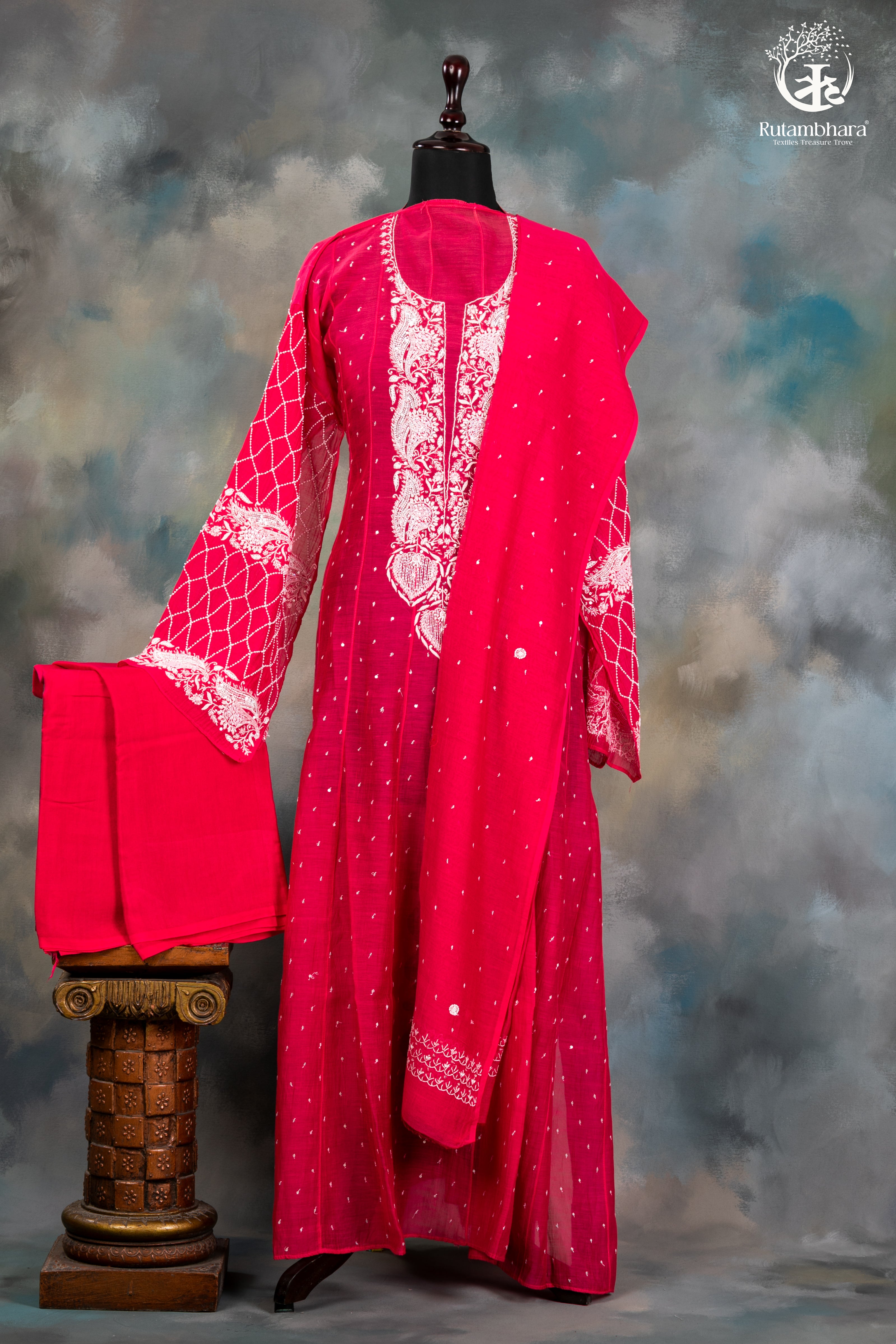 Deep Pink Mul Chanderi Lucknowi Hand Embroidered Suit Set
