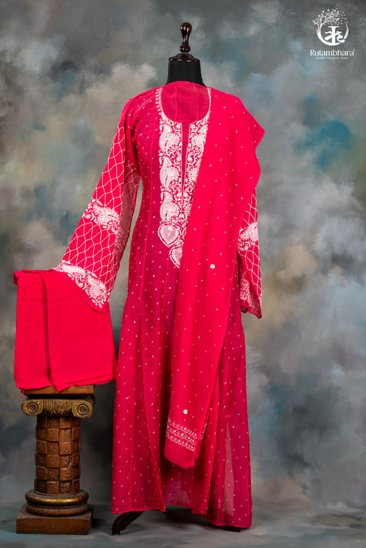 Deep Pink Mul Chanderi Lucknowi Hand Embroidered Suit Set
