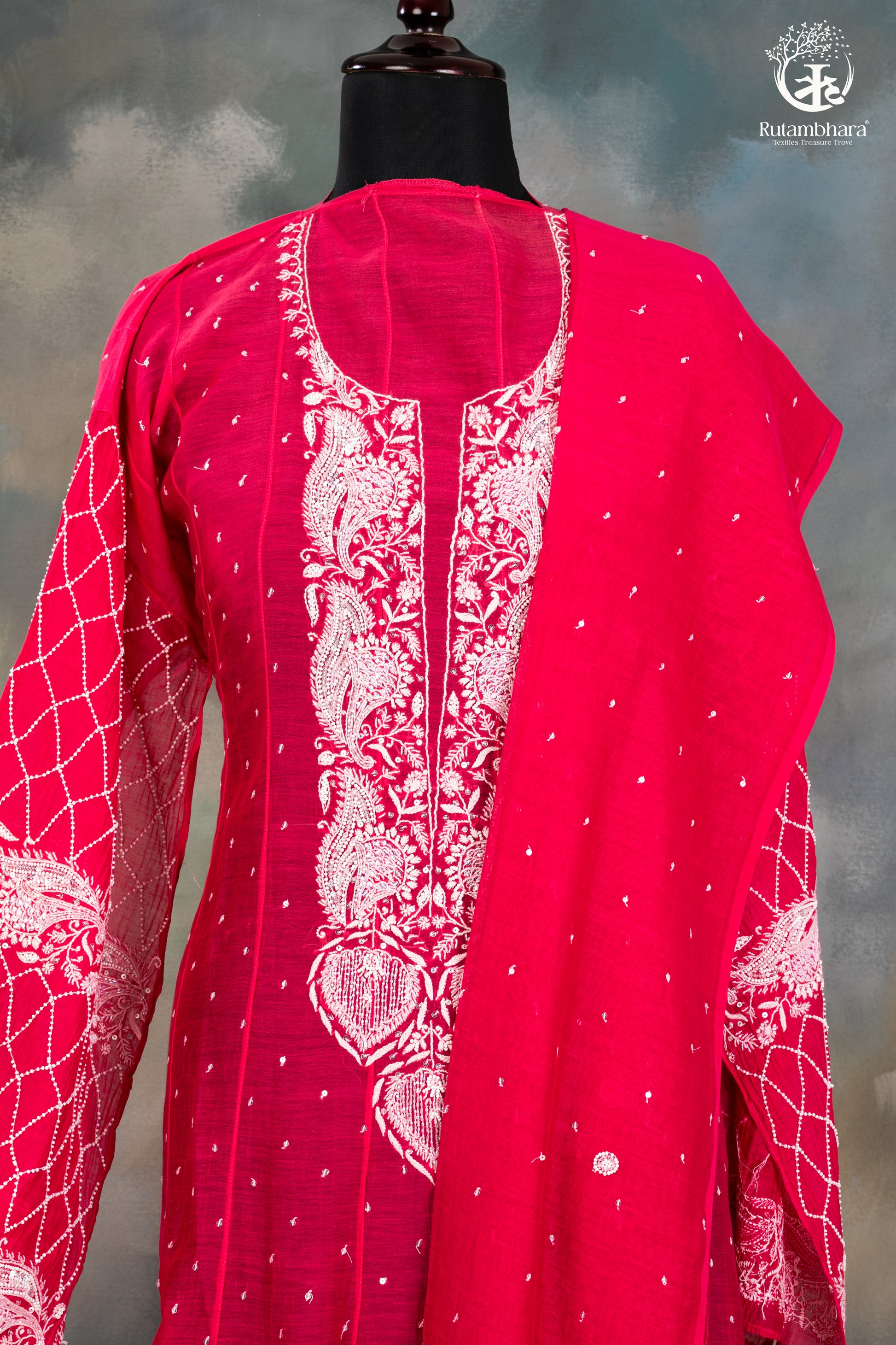Deep Pink Mul Chanderi Lucknowi Hand Embroidered Suit Set-RUTAMBHARA-RUTAMBHARA