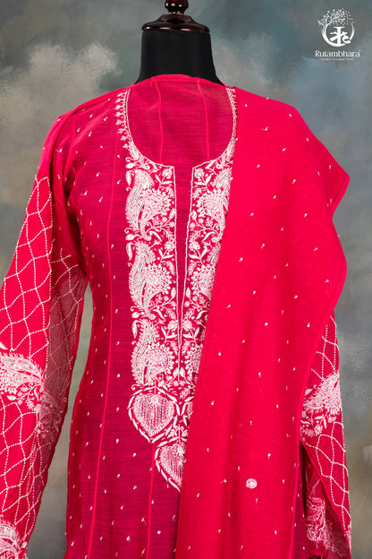Deep Pink Mul Chanderi Lucknowi Hand Embroidered Suit Set-RUTAMBHARA-RUTAMBHARA