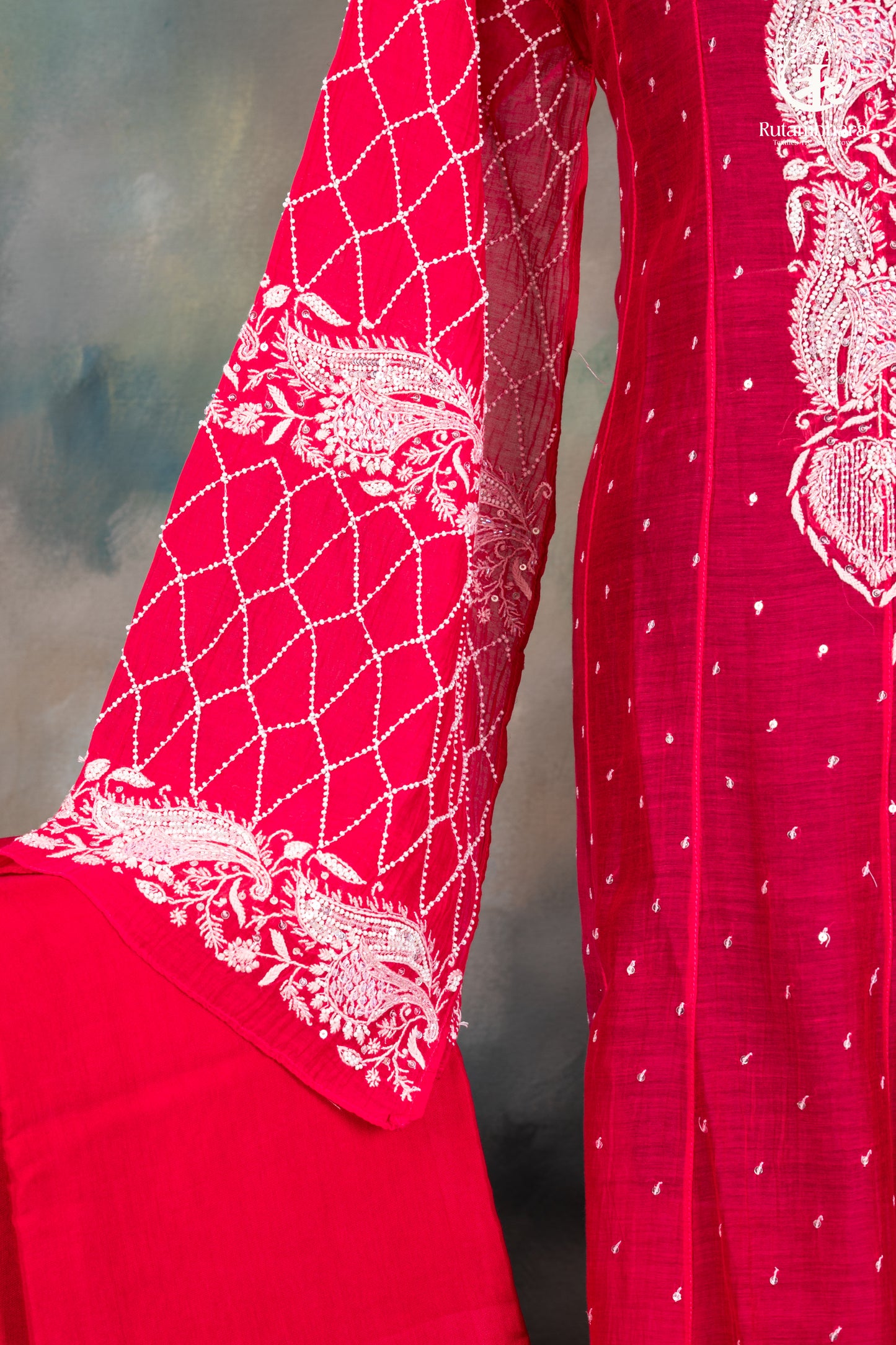 Deep Pink Mul Chanderi Lucknowi Hand Embroidered Suit Set