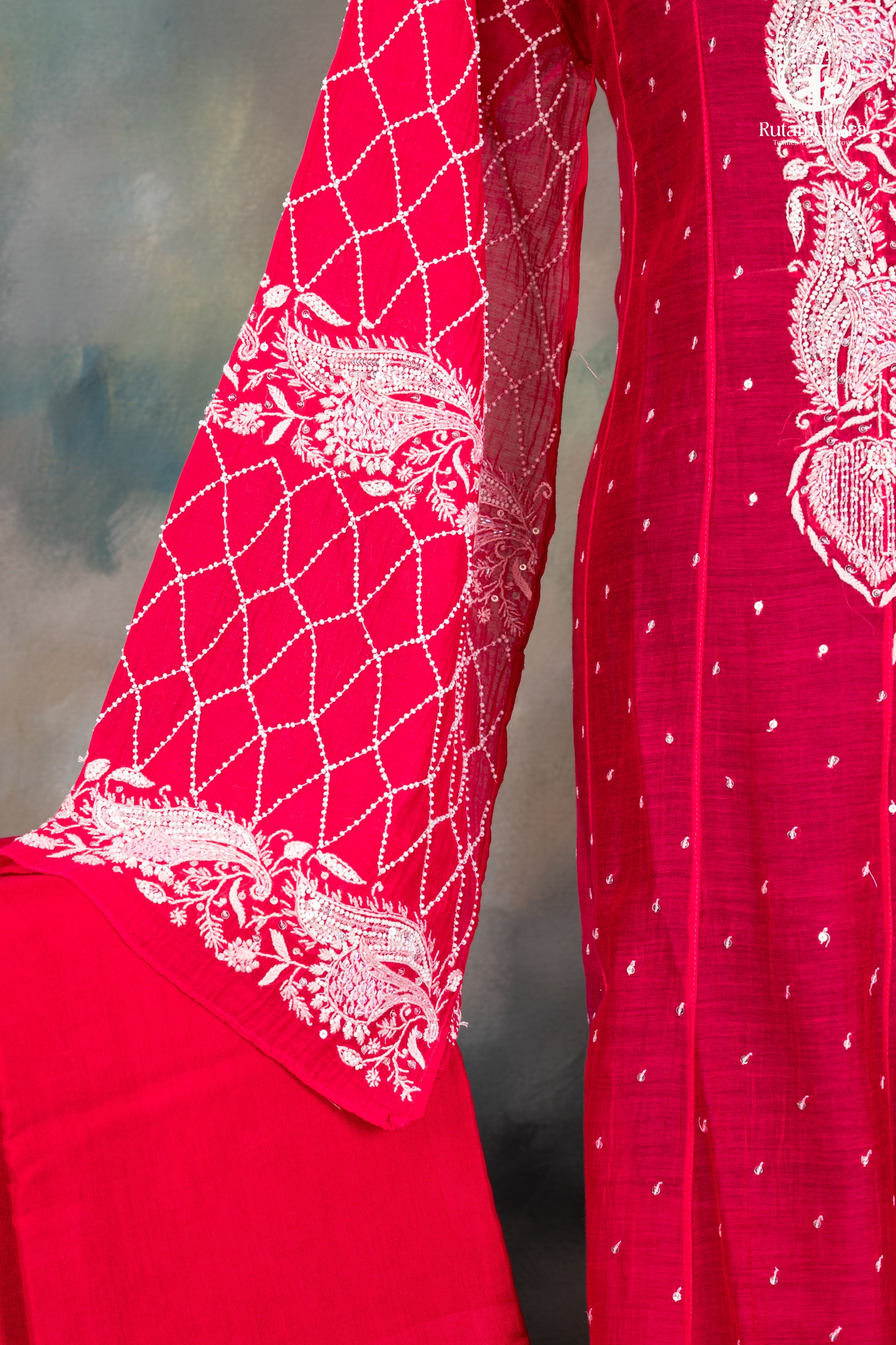 Deep Pink Mul Chanderi Lucknowi Hand Embroidered Suit Set-RUTAMBHARA-RUTAMBHARA