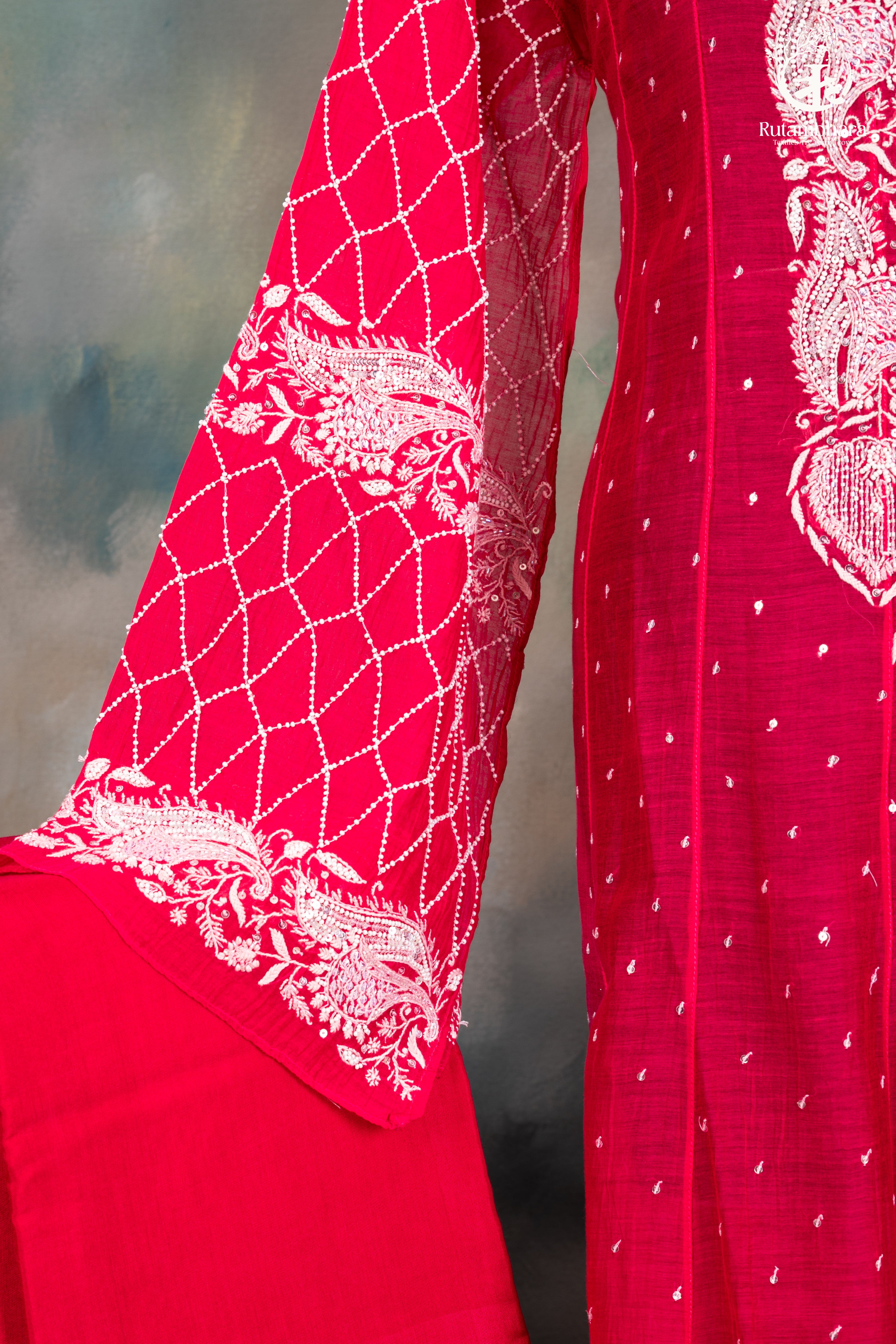 Deep Pink Mul Chanderi Lucknowi Hand Embroidered Suit Set