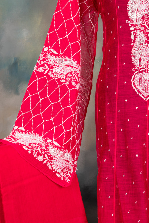 Deep Pink Mul Chanderi Lucknowi Hand Embroidered Suit Set-RUTAMBHARA-RUTAMBHARA