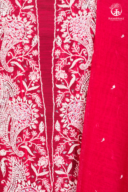 Deep Pink Mul Chanderi Lucknowi Hand Embroidered Suit Set-RUTAMBHARA-RUTAMBHARA