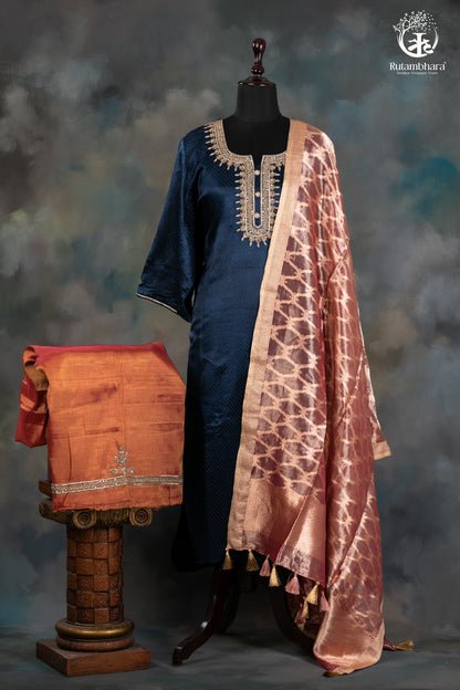 Elegant Navy Blue Mashroo Silk Suit Set with Tissue Banarasi Dupatta-RUTAMBHARA -RUTAMBHARA