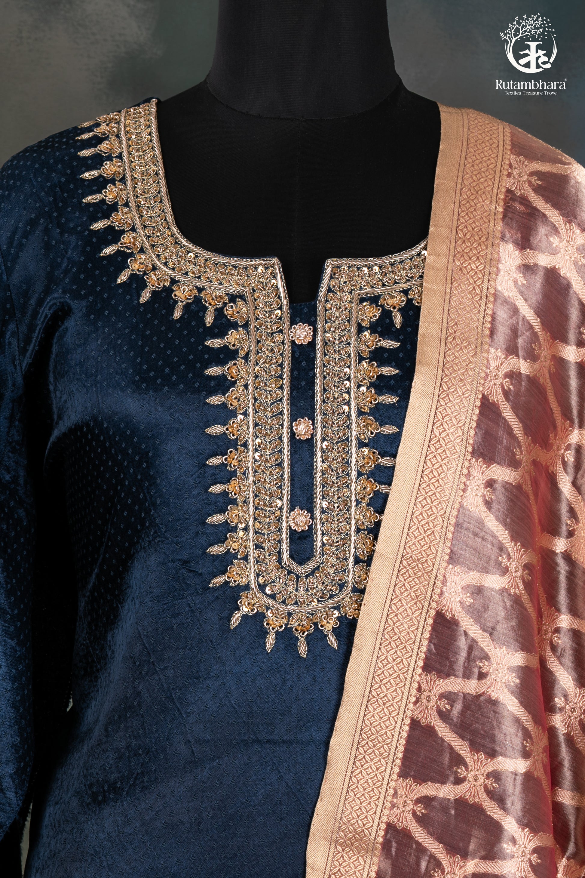 Elegant Navy Blue Mashroo Silk Suit Set with Tissue Banarasi Dupatta-RUTAMBHARA -RUTAMBHARA