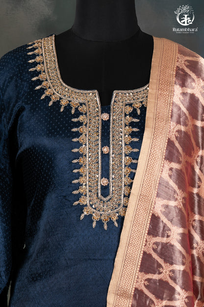 Elegant Navy Blue Mashroo Silk Suit Set with Tissue Banarasi Dupatta-RUTAMBHARA -RUTAMBHARA
