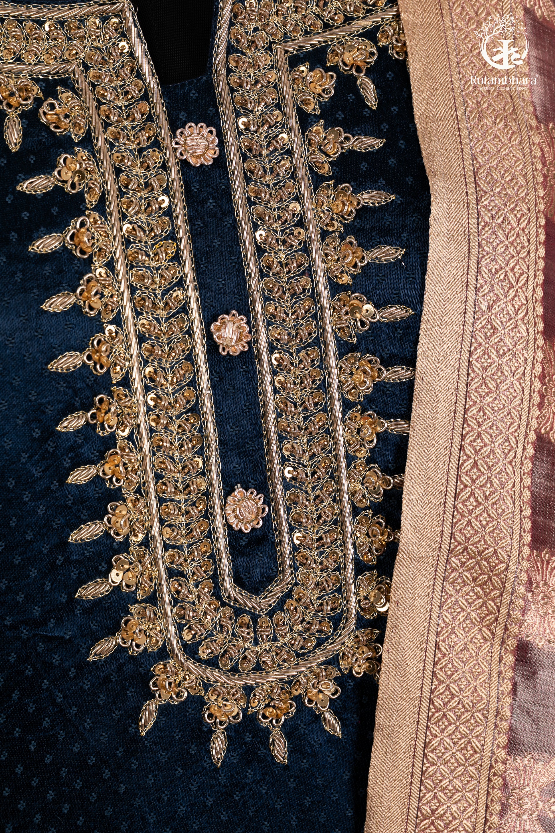 Elegant Navy Blue Mashroo Silk Suit Set with Tissue Banarasi Dupatta-RUTAMBHARA -RUTAMBHARA