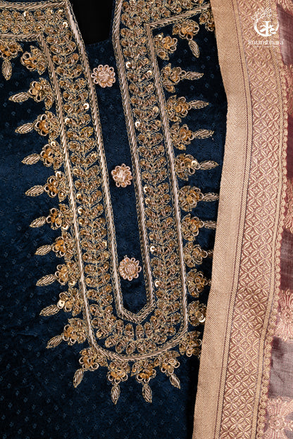 Elegant Navy Blue Mashroo Silk Suit Set with Tissue Banarasi Dupatta-RUTAMBHARA -RUTAMBHARA