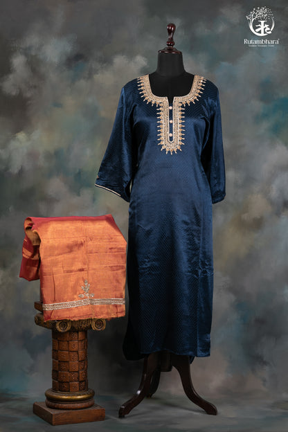 Elegant Navy Blue Mashroo Silk Suit Set with Tissue Banarasi Dupatta-RUTAMBHARA -RUTAMBHARA