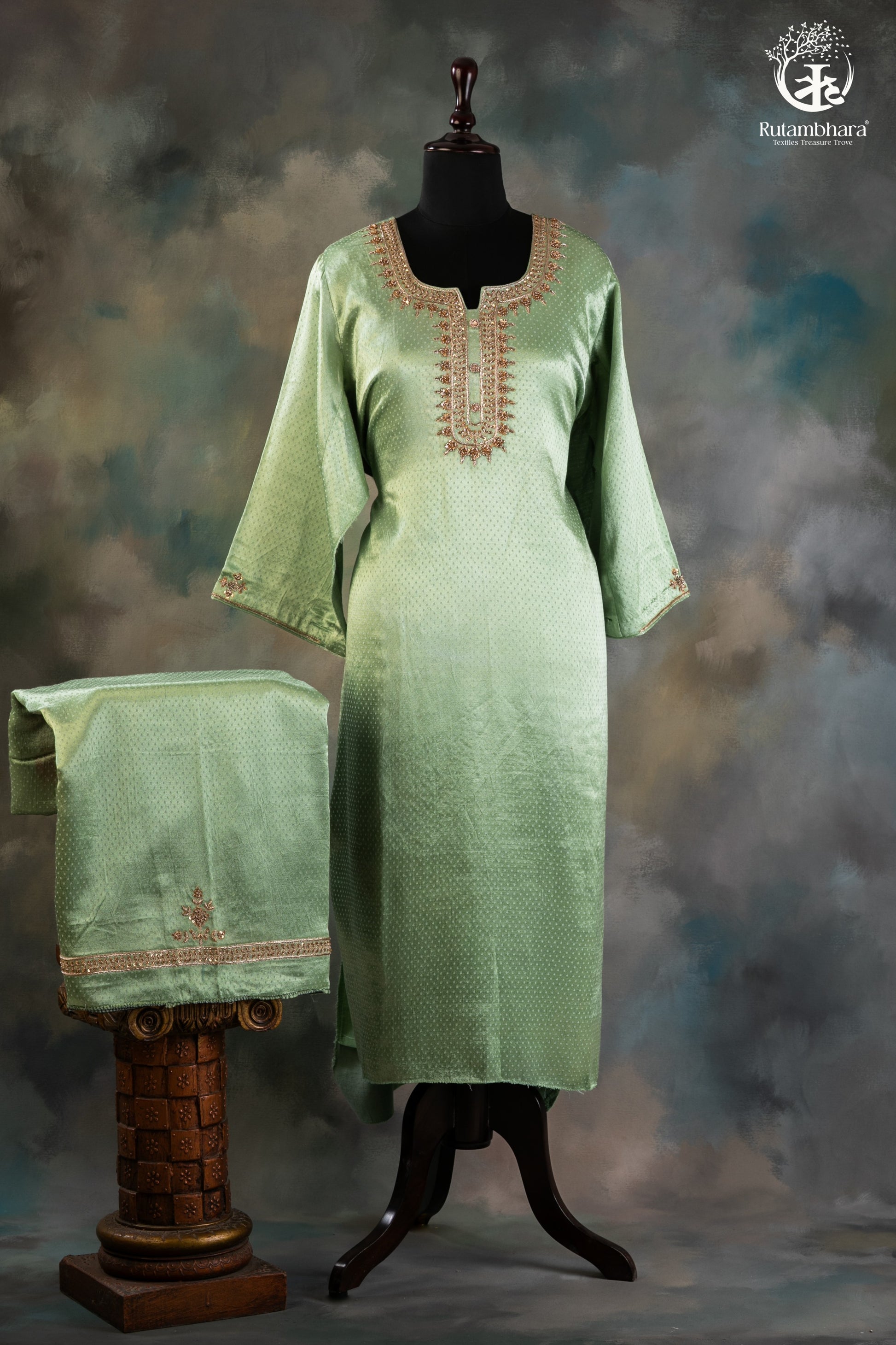 Mint Green Mashroo Silk Suit Set with Subtle Zari Zardozi Hand Embroidery-RUTAMBHARA-RUTAMBHARA