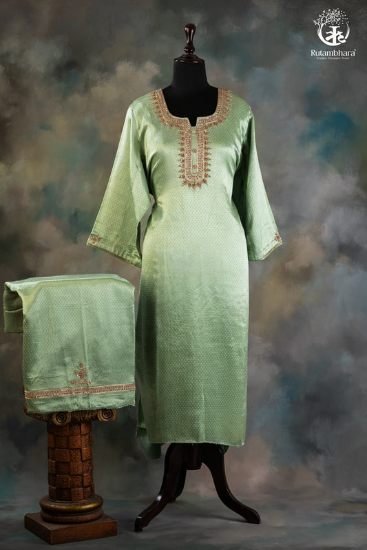 Mint Green Mashroo Silk Suit Set with Subtle Zari Zardozi Hand Embroidery