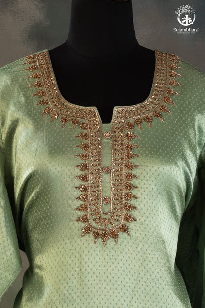Mint Green Mashroo Silk Suit Set with Subtle Zari Zardozi Hand Embroidery-RUTAMBHARA-RUTAMBHARA