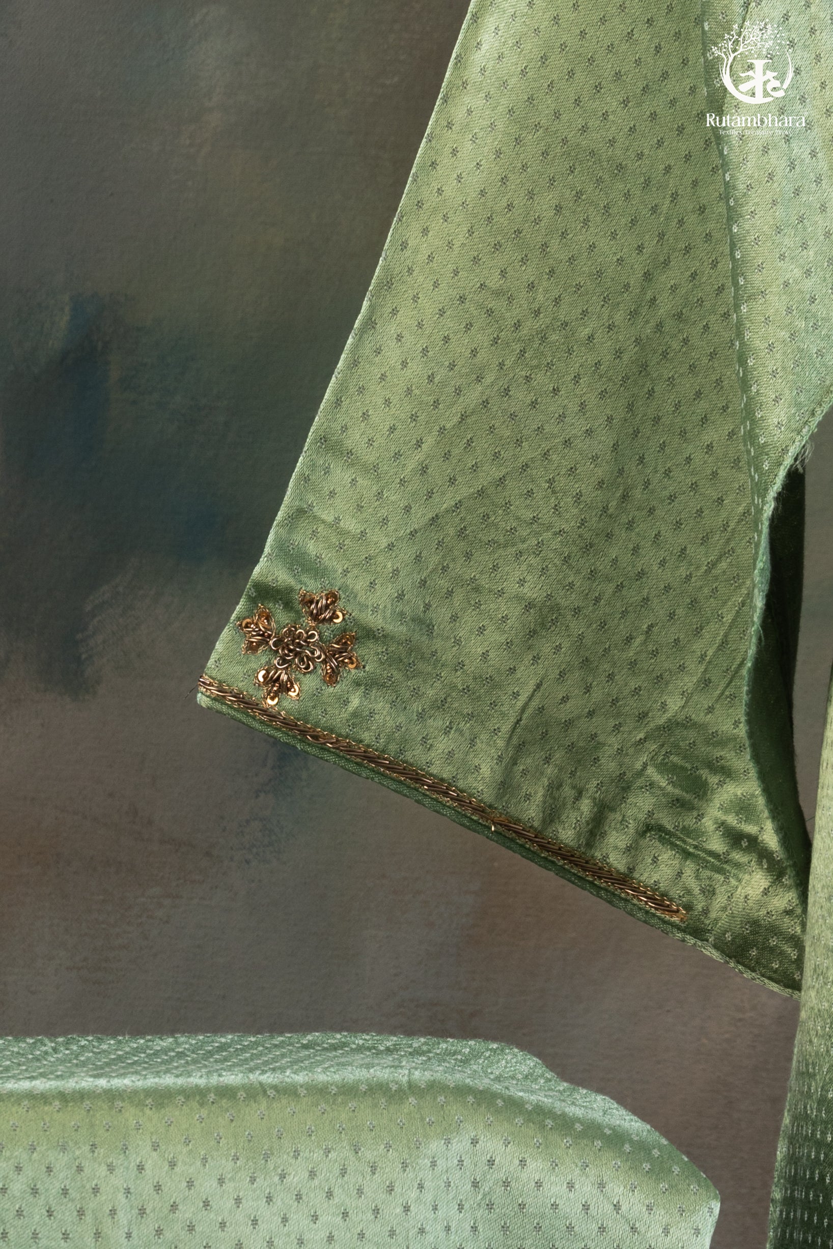 Mint Green Mashroo Silk Suit Set with Subtle Zari Zardozi Hand Embroidery-RUTAMBHARA-RUTAMBHARA