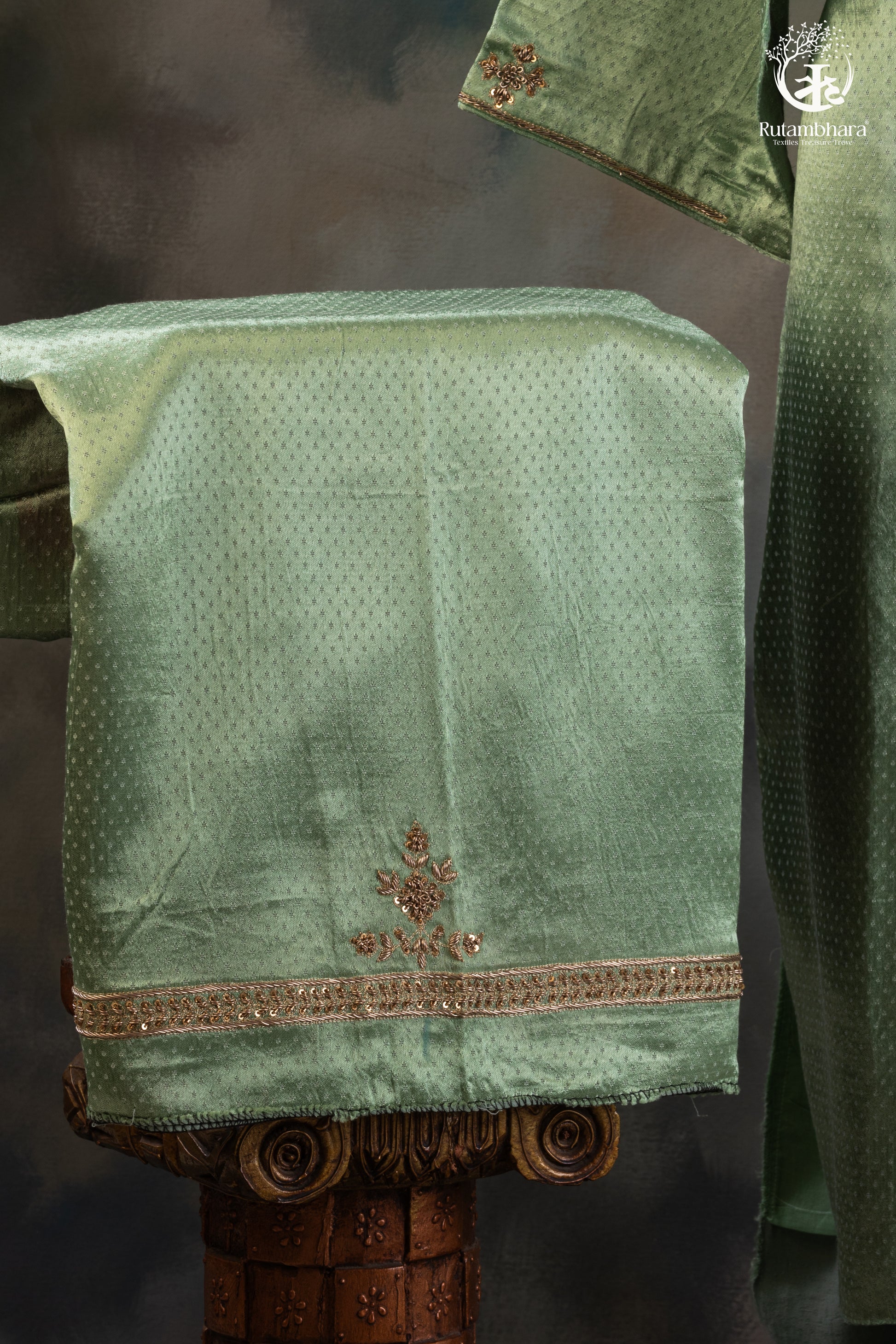 Mint Green Mashroo Silk Suit Set with Subtle Zari Zardozi Hand Embroidery-RUTAMBHARA-RUTAMBHARA