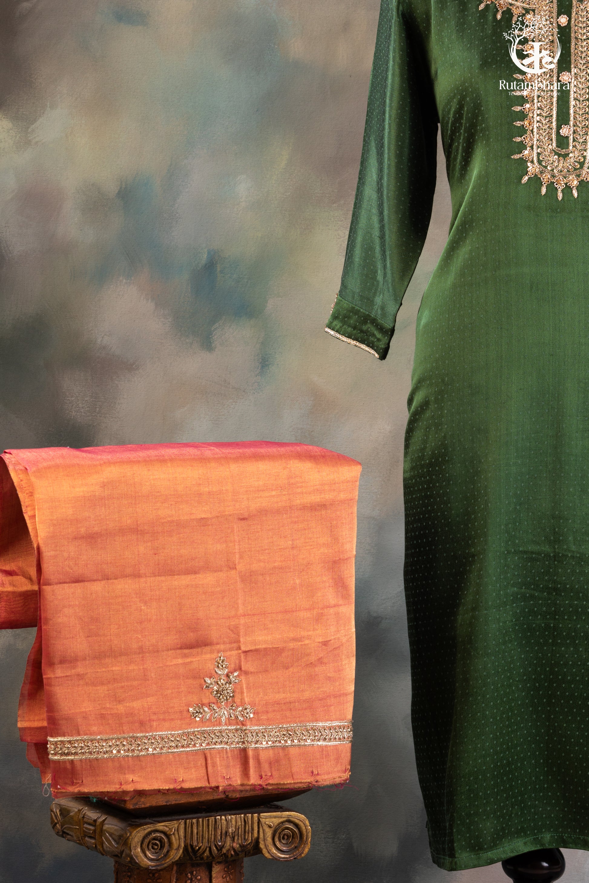 Emerald Green Mashroo Silk Suit Set with Rust Orange Bottom-RUTAMBHARA-RUTAMBHARA