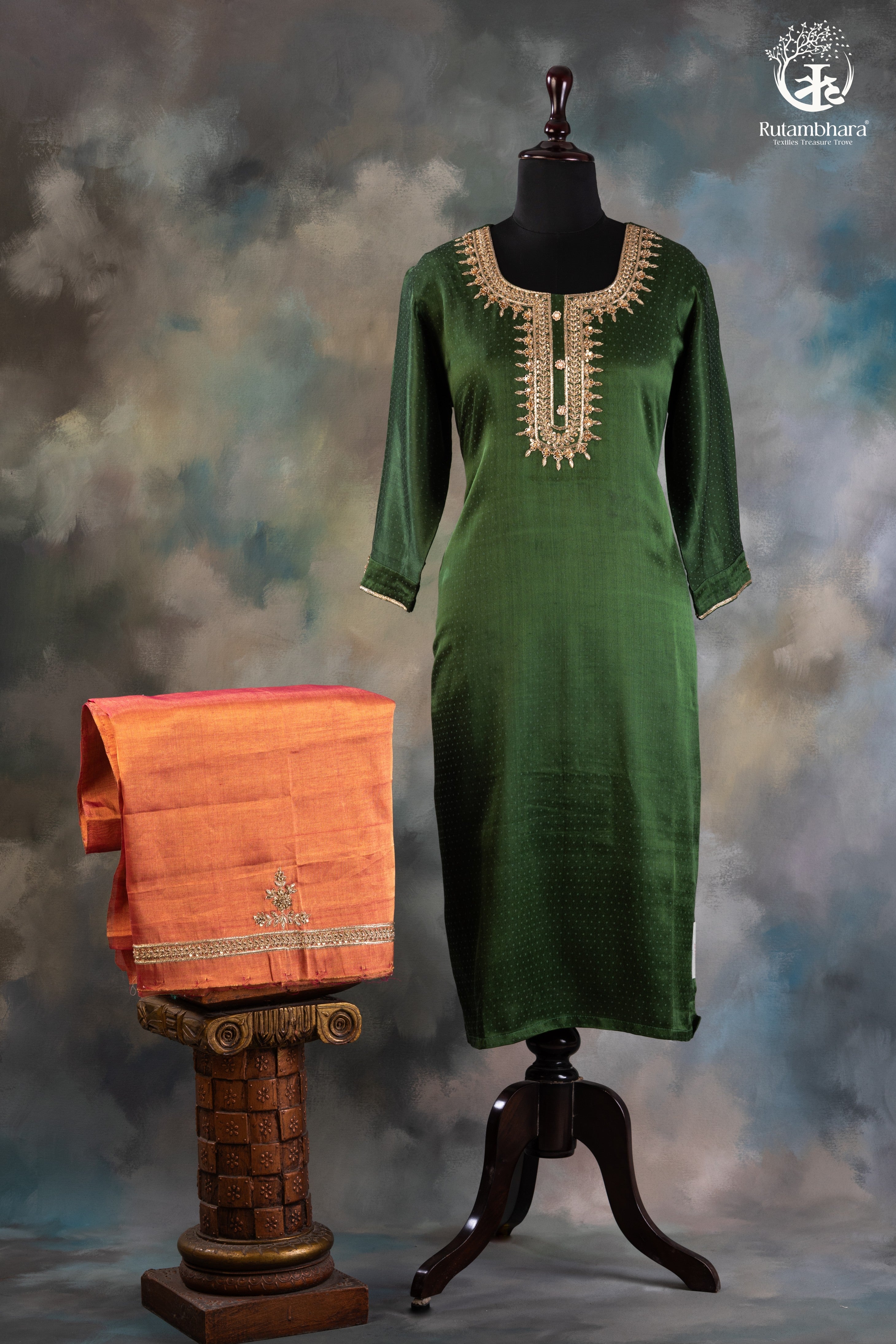 Emerald Green Mashroo Silk Suit Set with Rust Orange Bottom