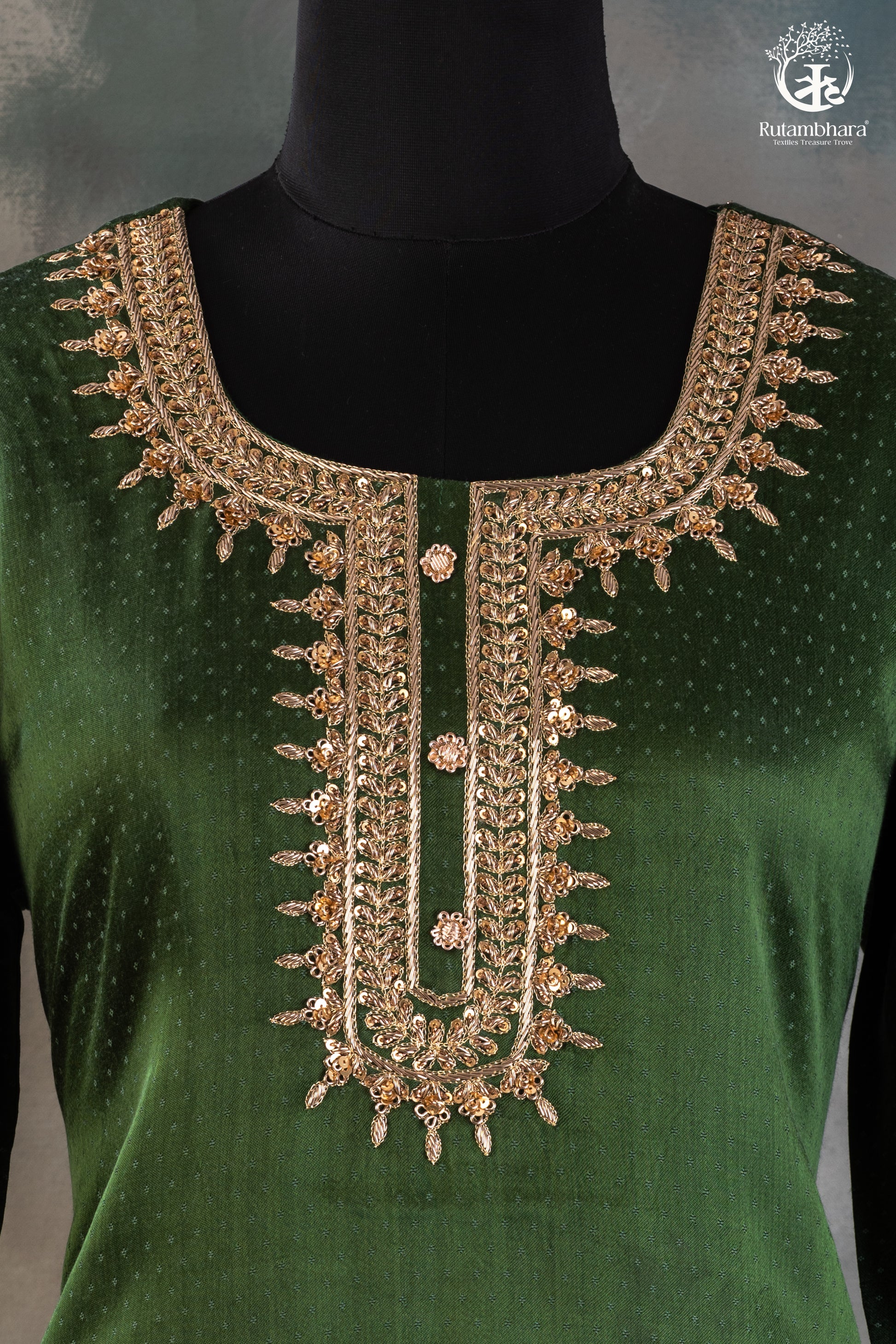 Emerald Green Mashroo Silk Suit Set with Rust Orange Bottom-RUTAMBHARA-RUTAMBHARA