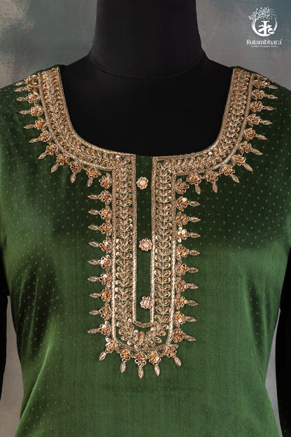 Emerald Green Mashroo Silk Suit Set with Rust Orange Bottom-RUTAMBHARA-RUTAMBHARA