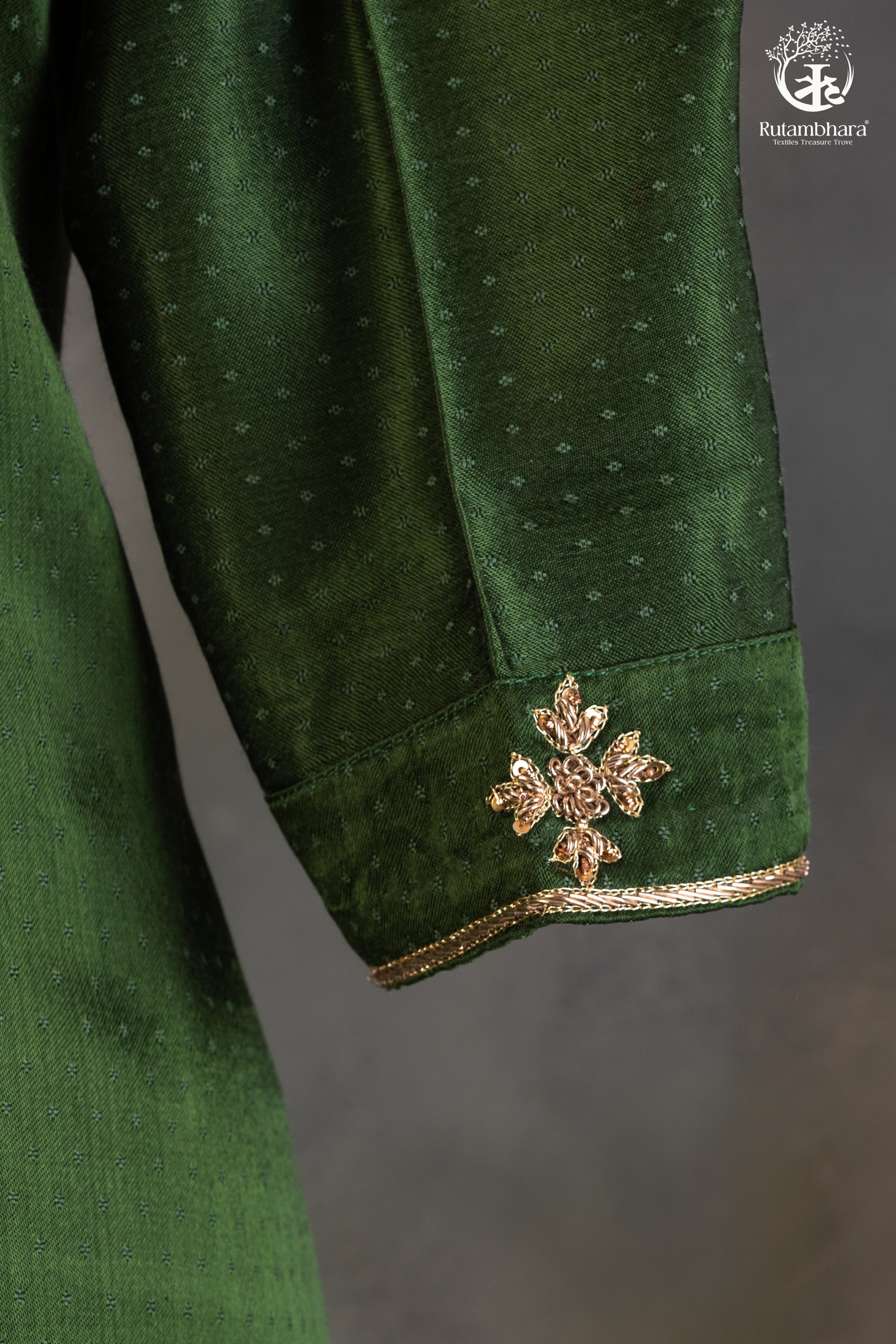 Emerald Green Mashroo Silk Suit Set with Rust Orange Bottom-RUTAMBHARA-RUTAMBHARA