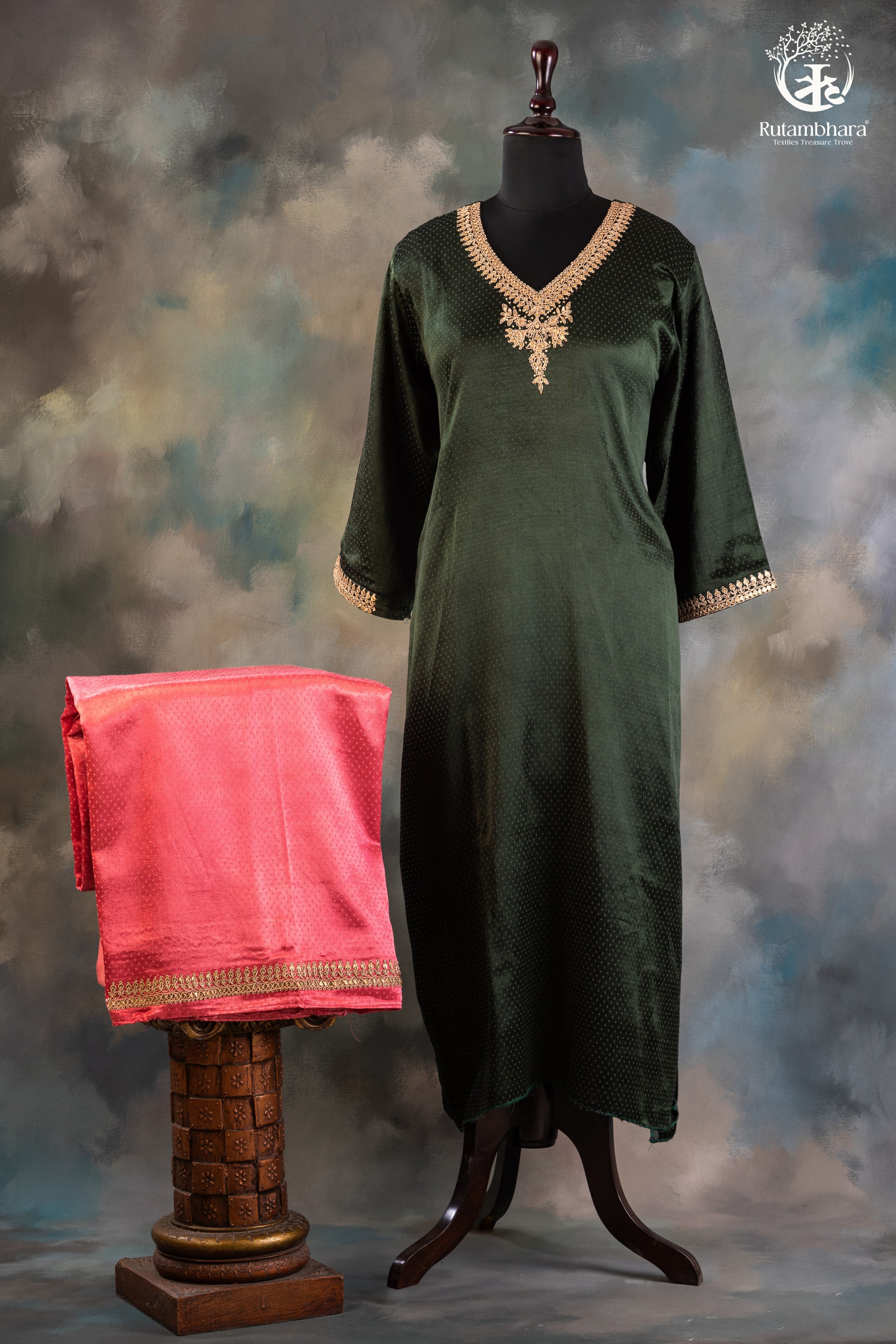 Bottle Green Mashroo Silk Suit Set with Rose Pink Bottom