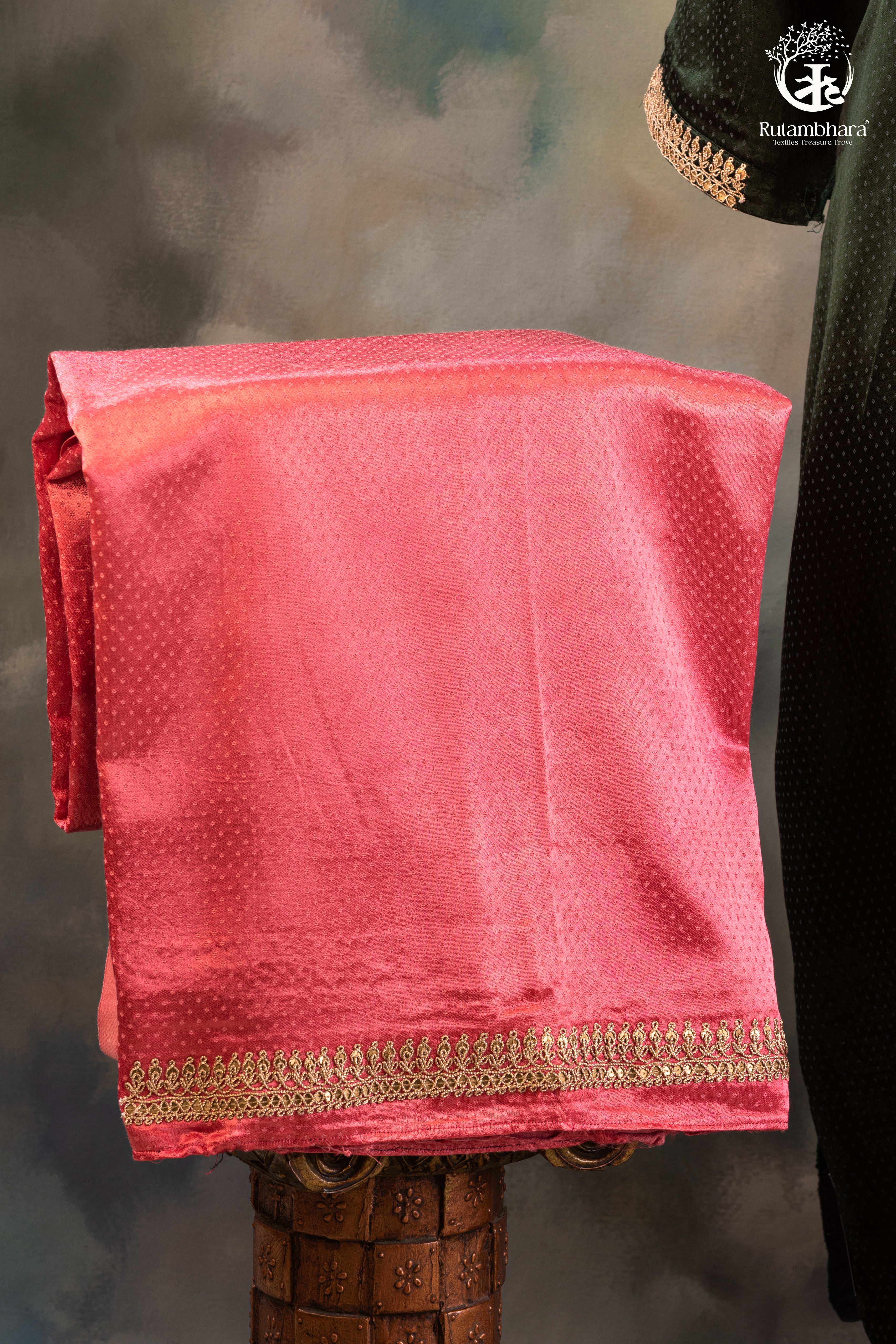 Bottle Green Mashroo Silk Suit Set with Rose Pink Bottom