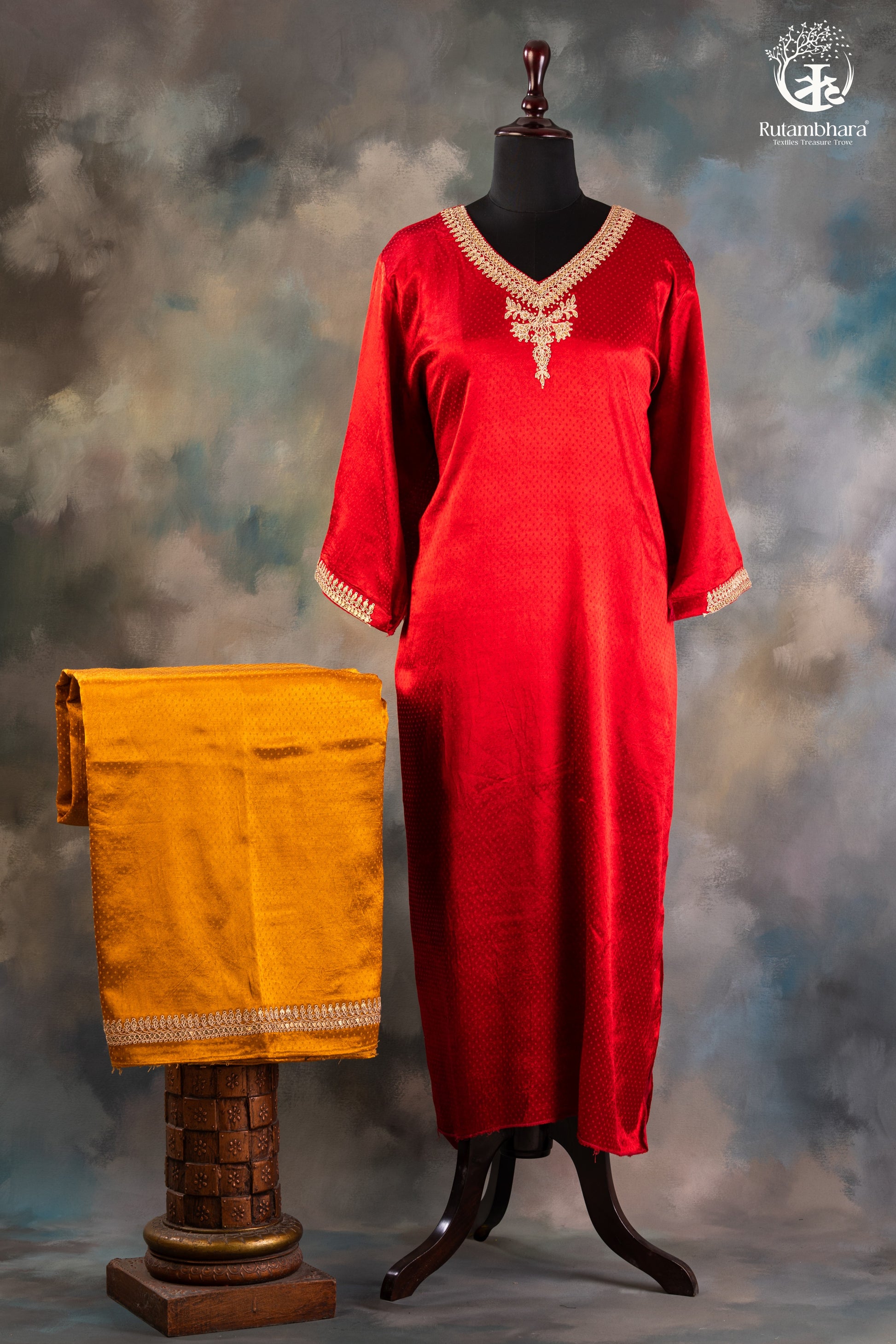 Red & Mustard Dana Mashru Silk Suit with Zari Zardozi Hand Embroidery-RUTAMBHARA -RUTAMBHARA