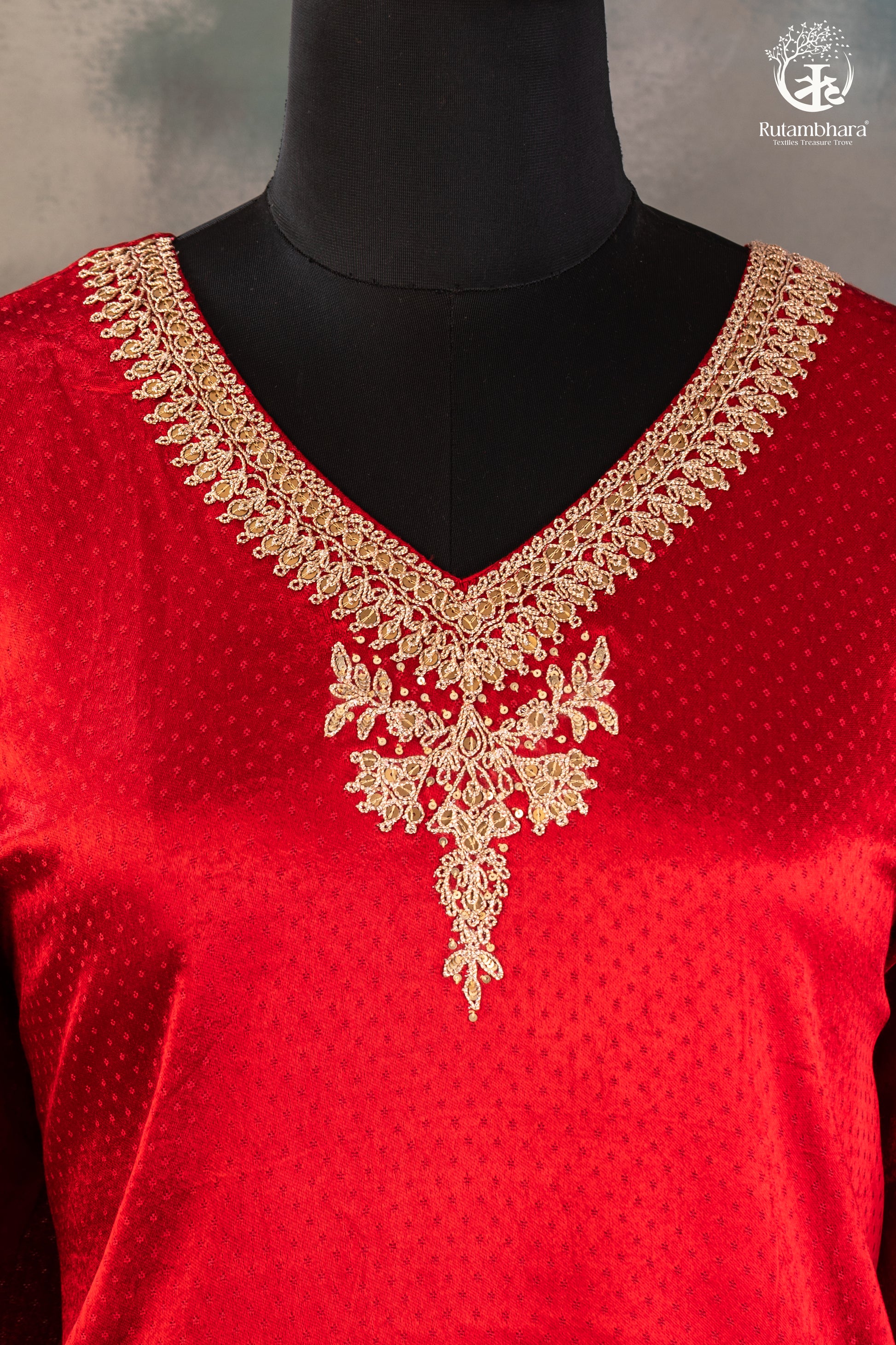 Red & Mustard Dana Mashru Silk Suit with Zari Zardozi Hand Embroidery-RUTAMBHARA -RUTAMBHARA