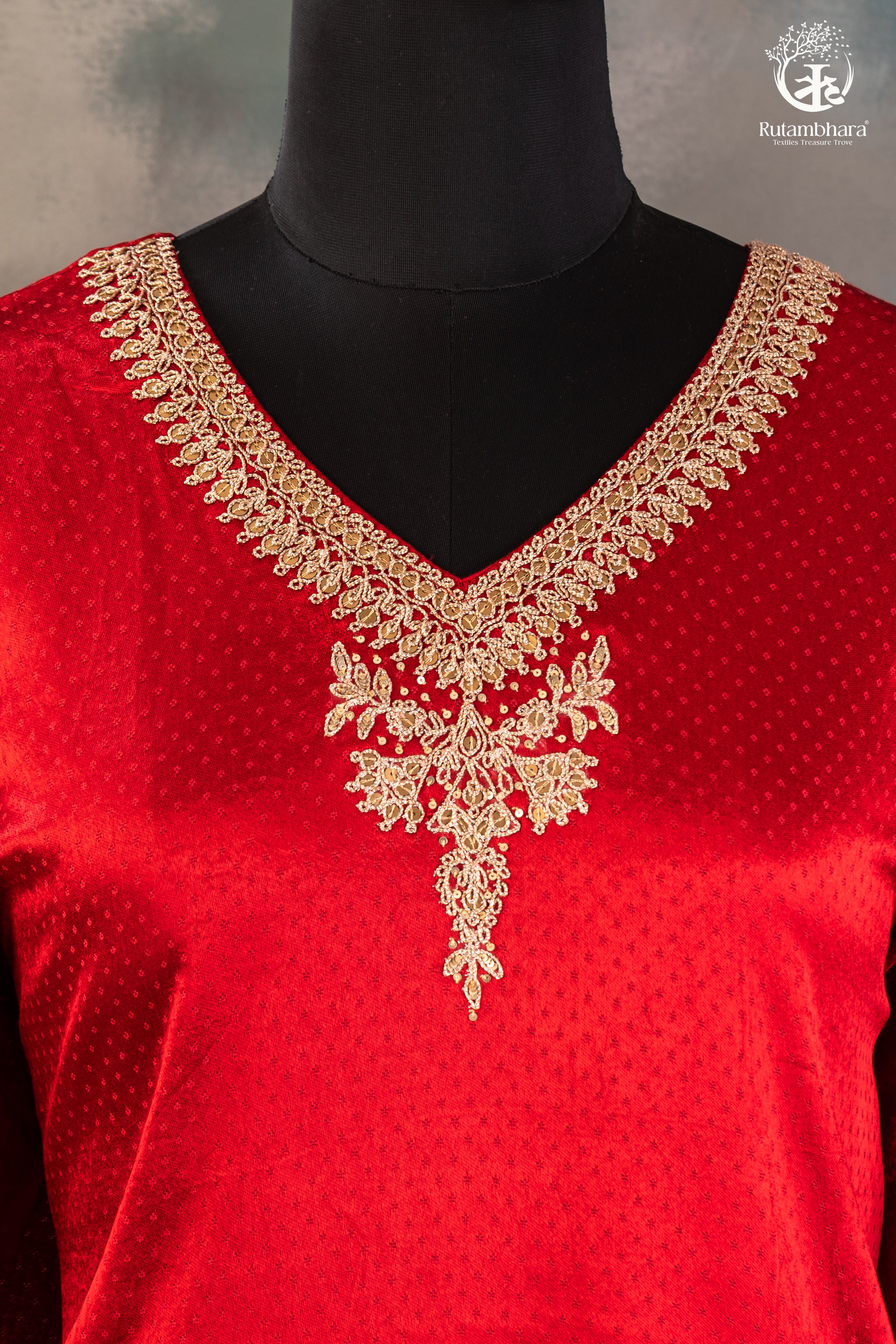 Red & Mustard Dana Mashru Silk Suit with Zari Zardozi Hand Embroidery
