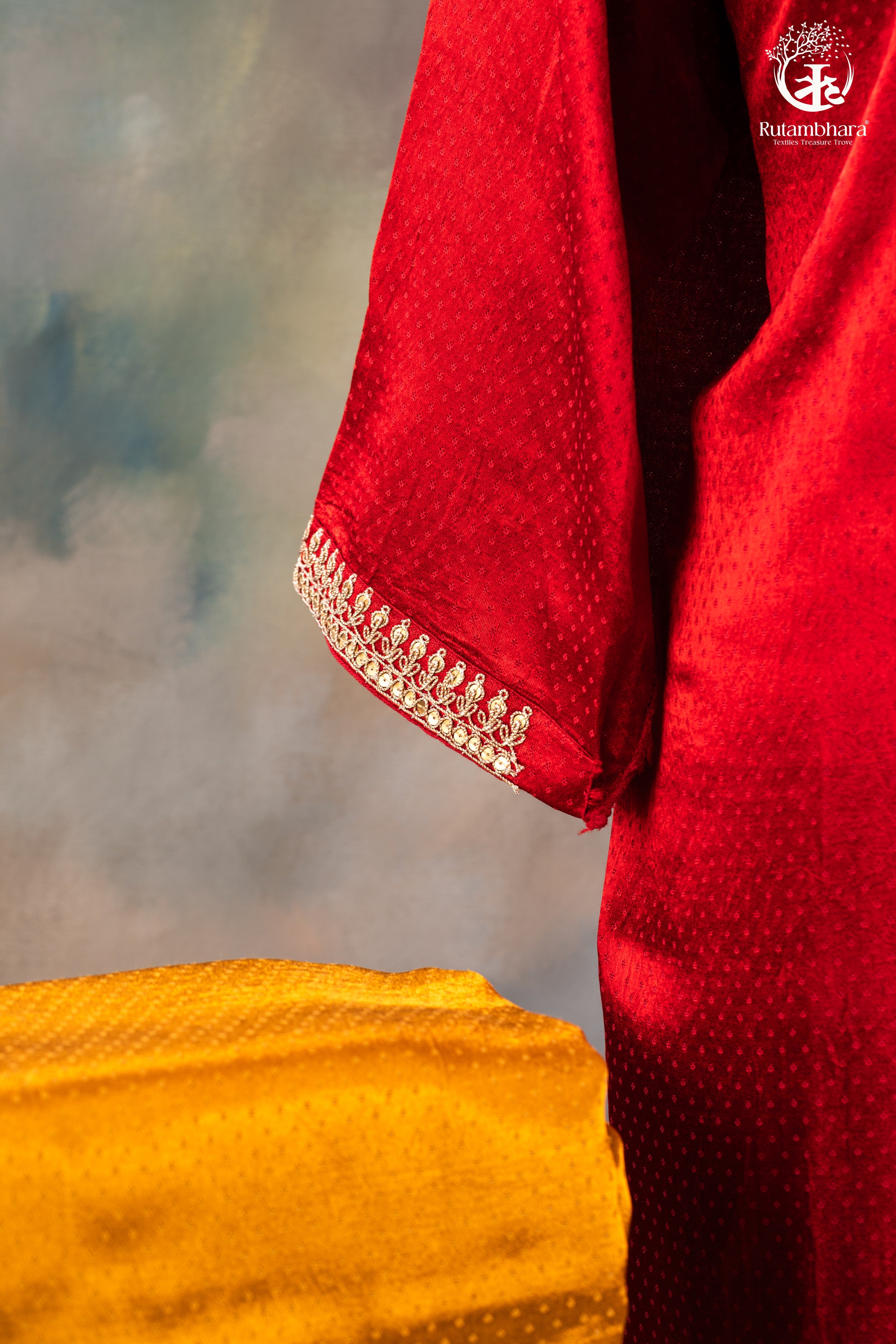 Red & Mustard Dana Mashru Silk Suit with Zari Zardozi Hand Embroidery