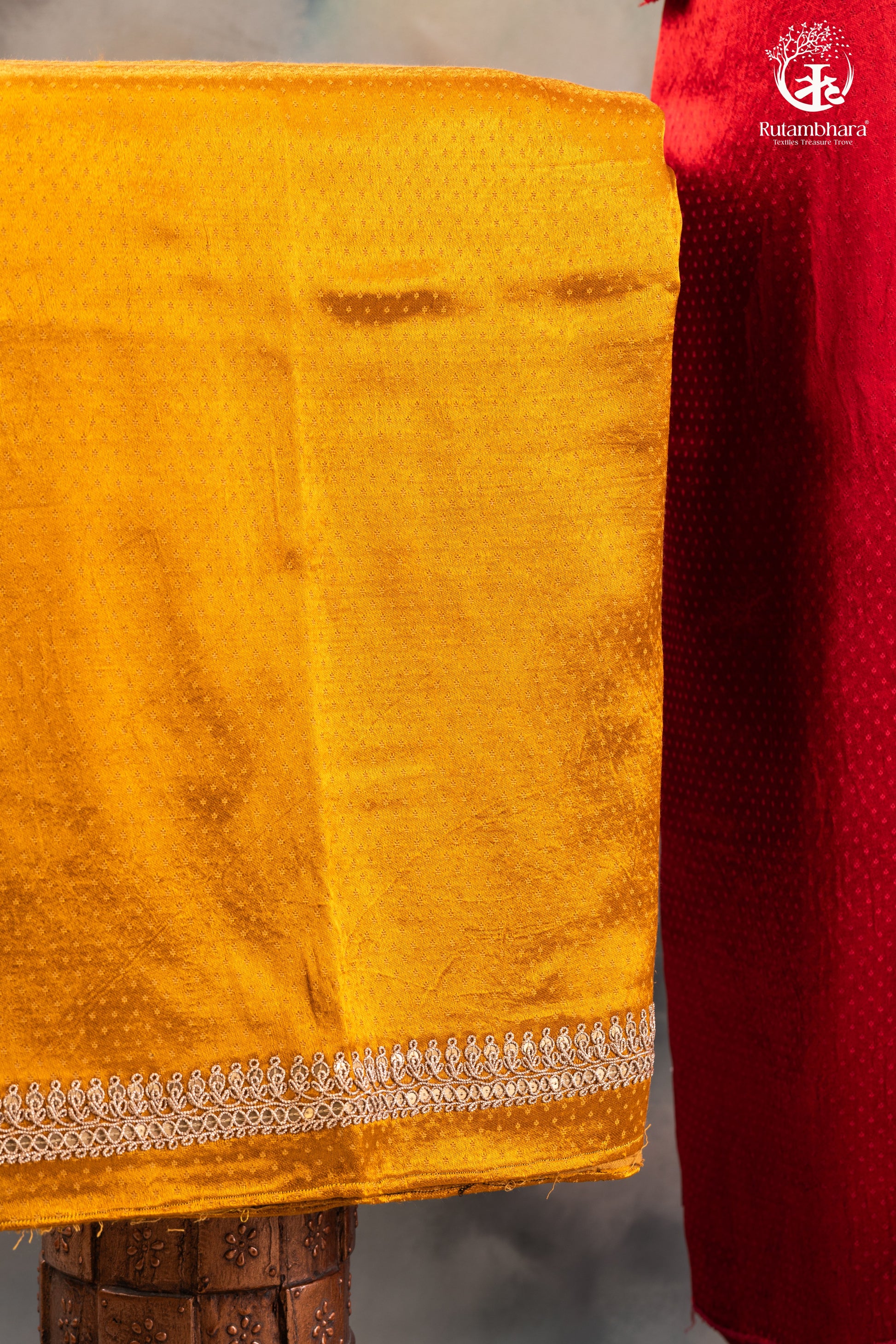 Red & Mustard Dana Mashru Silk Suit with Zari Zardozi Hand Embroidery-RUTAMBHARA -RUTAMBHARA